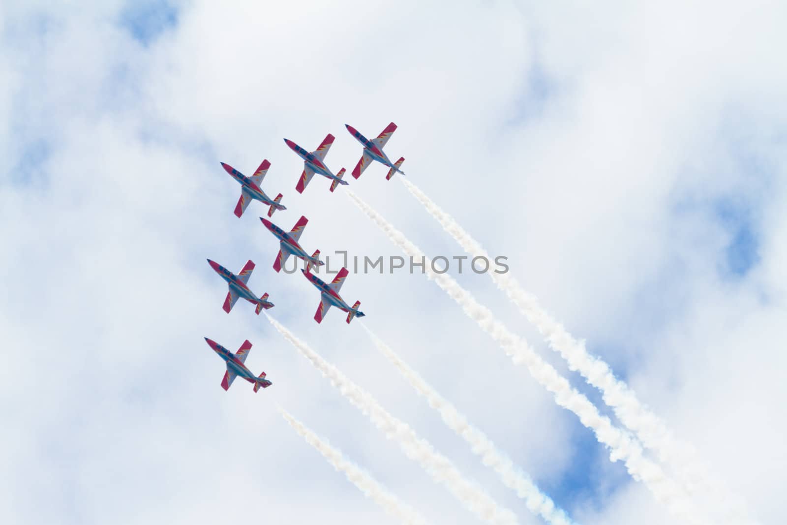 MALAGA, SPAIN-MAY 28: Aircrafts of the Patrulla Aguila taking part in an exhibition on the day of the spanish army forces on May 28, 2011, in Malaga, Spain