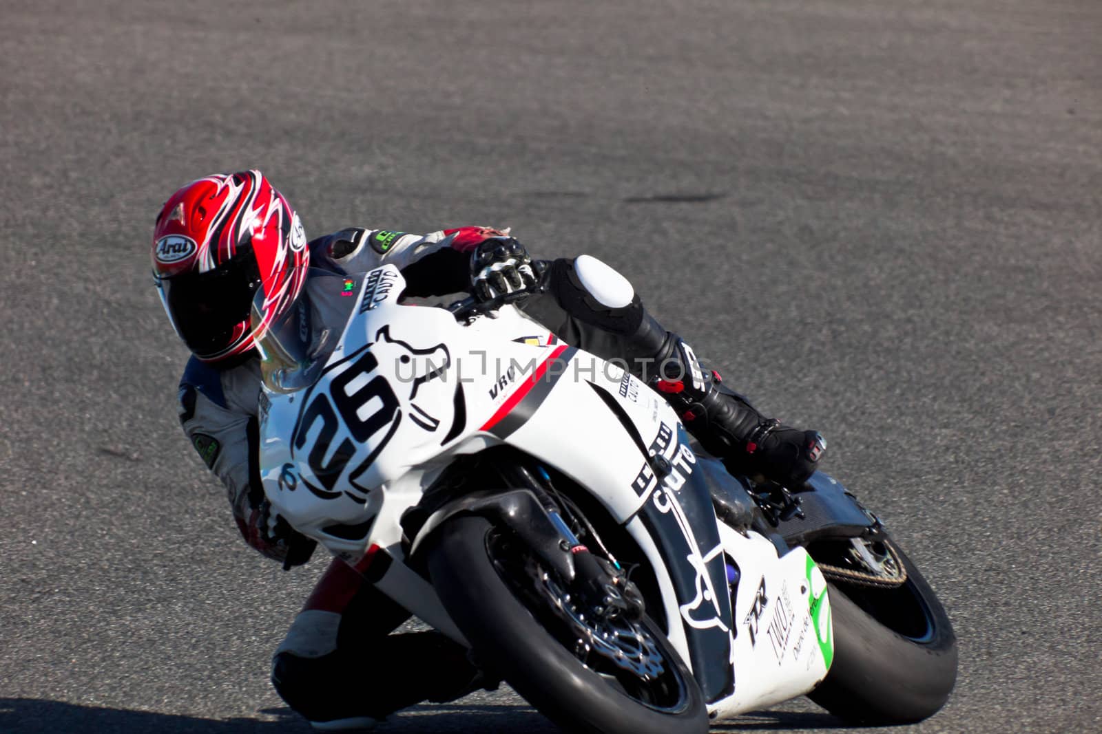 JEREZ DE LA FRONTERA, SPAIN - APR 16: Stock Extreme motorcyclist Adrian Gandara Gutierrez takes a curve in the CEV Championship race on April 16, 2011 in Jerez de la Frontera, Spain