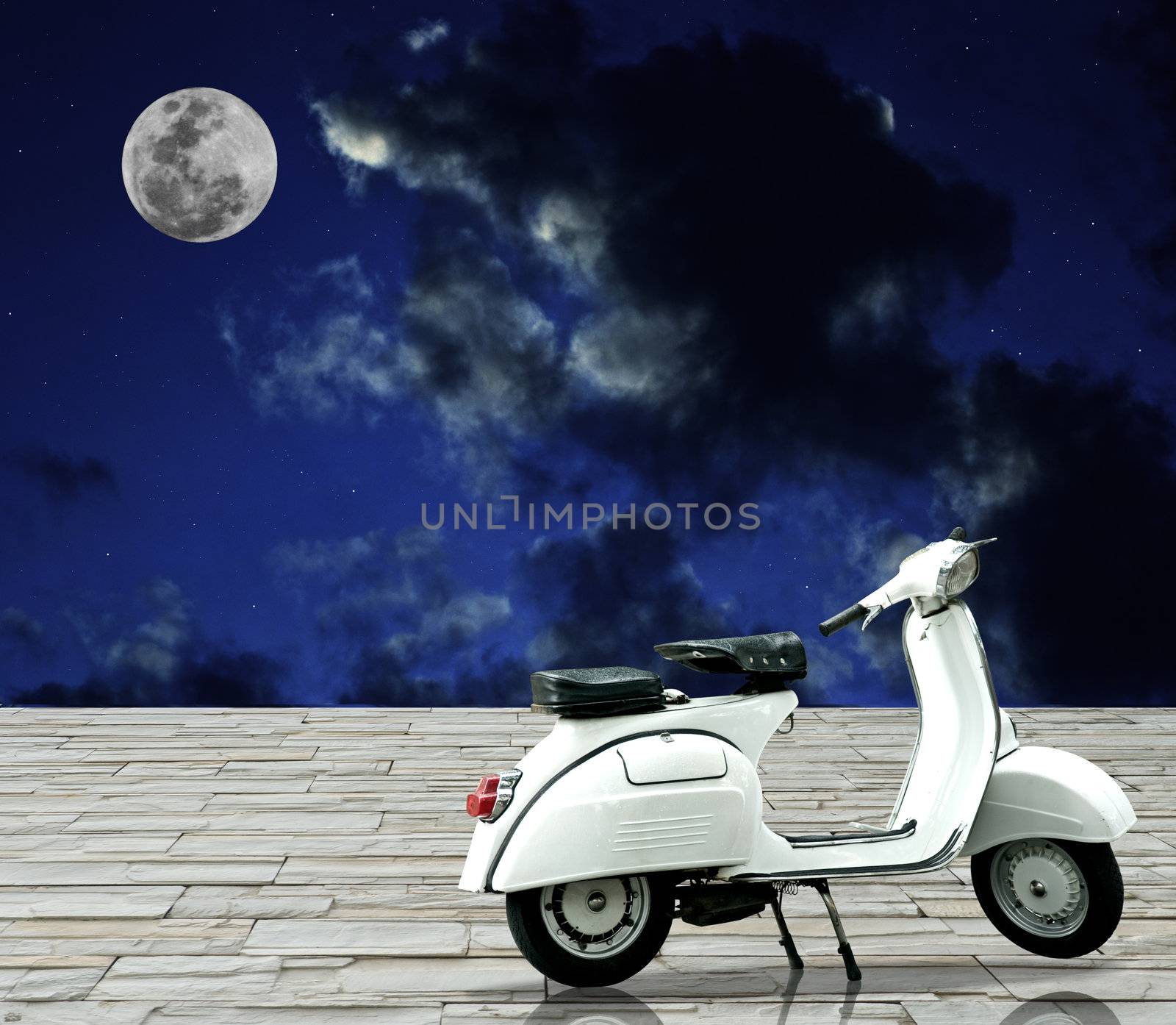 White retro motorbike with full moon in night sky by pixbox77