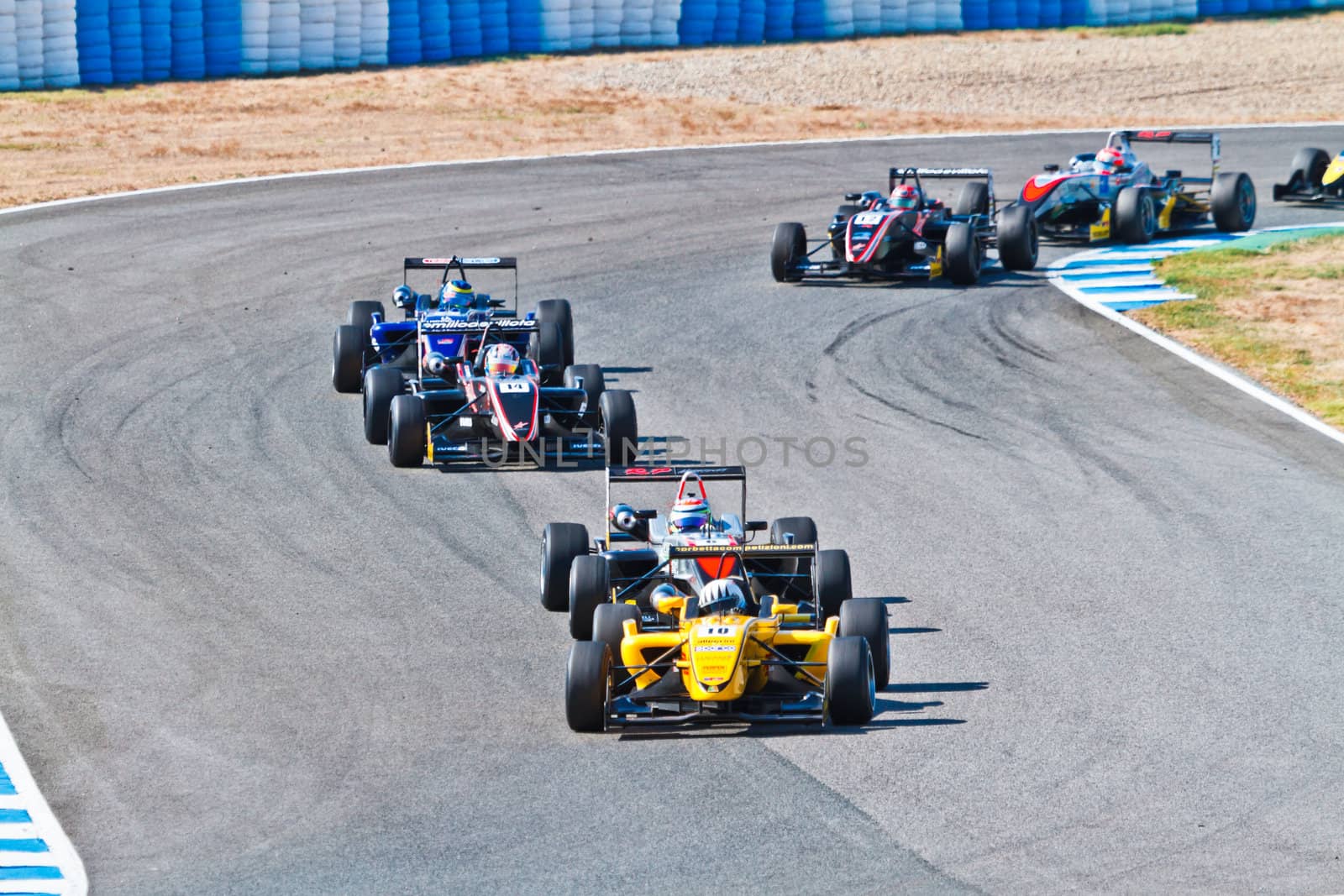 JEREZ DE LA FRONTERA, SPAIN - OCT 16: Alex Fontana (10)  followed by David Fumanelli (6) and other pilots races on European F3 championship on October 16 , 2011, in Jerez de la Frontera , Spain