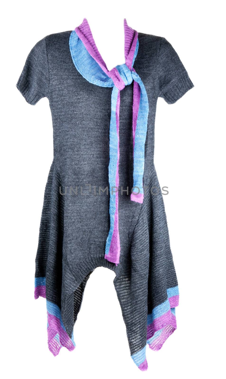 Knitted feminine gown with blue and red scarf on white background