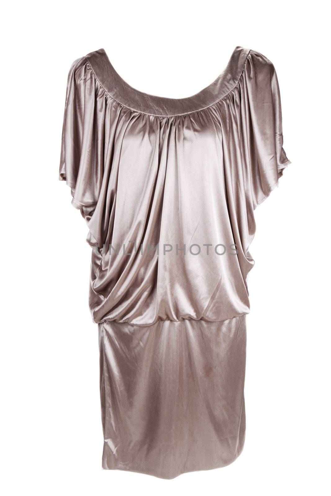 Golden fashionable feminine gown on white background