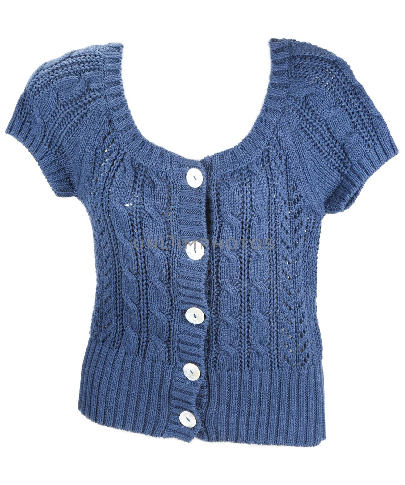 Blue knitted woman's jacket with button on white background