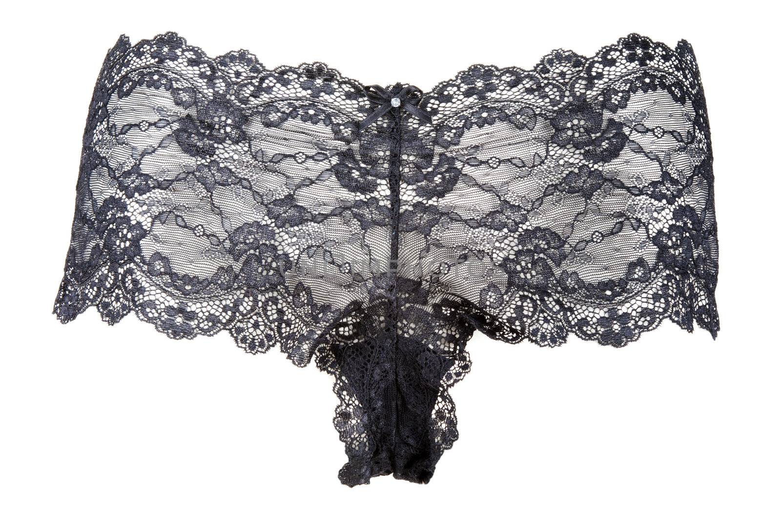 Black feminine panties from lace on white background