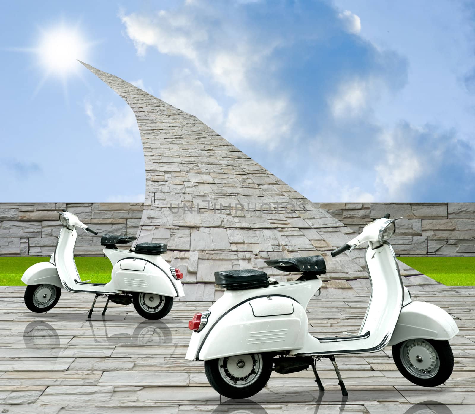 Retro scooter with stone road to sun by pixbox77