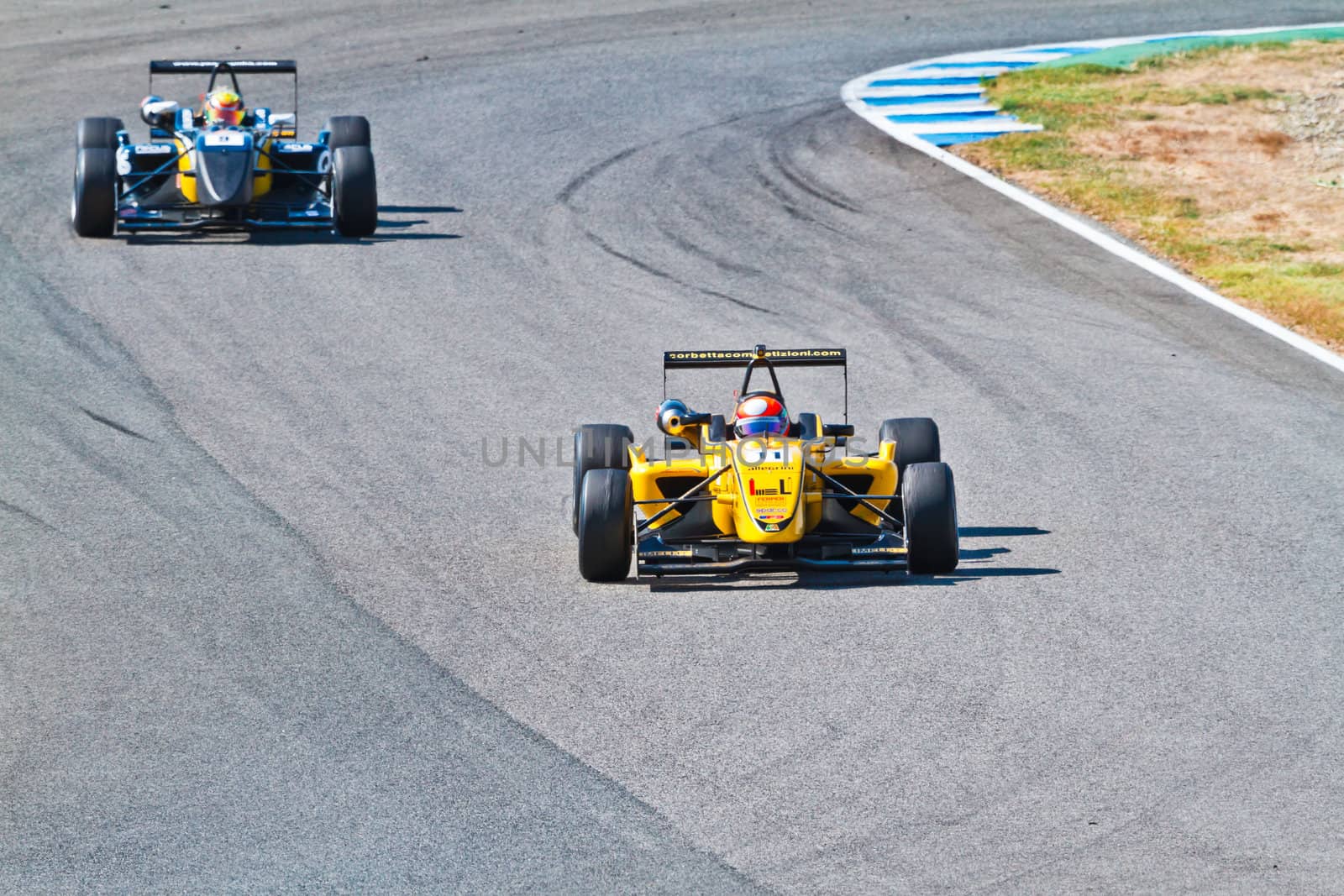 JEREZ DE LA FRONTERA, SPAIN - OCT 16: Matteo Tortan(11) followed by Yann Cunha (9) races on European F3 championship on October 16 , 2011, in Jerez de la Frontera , Spain