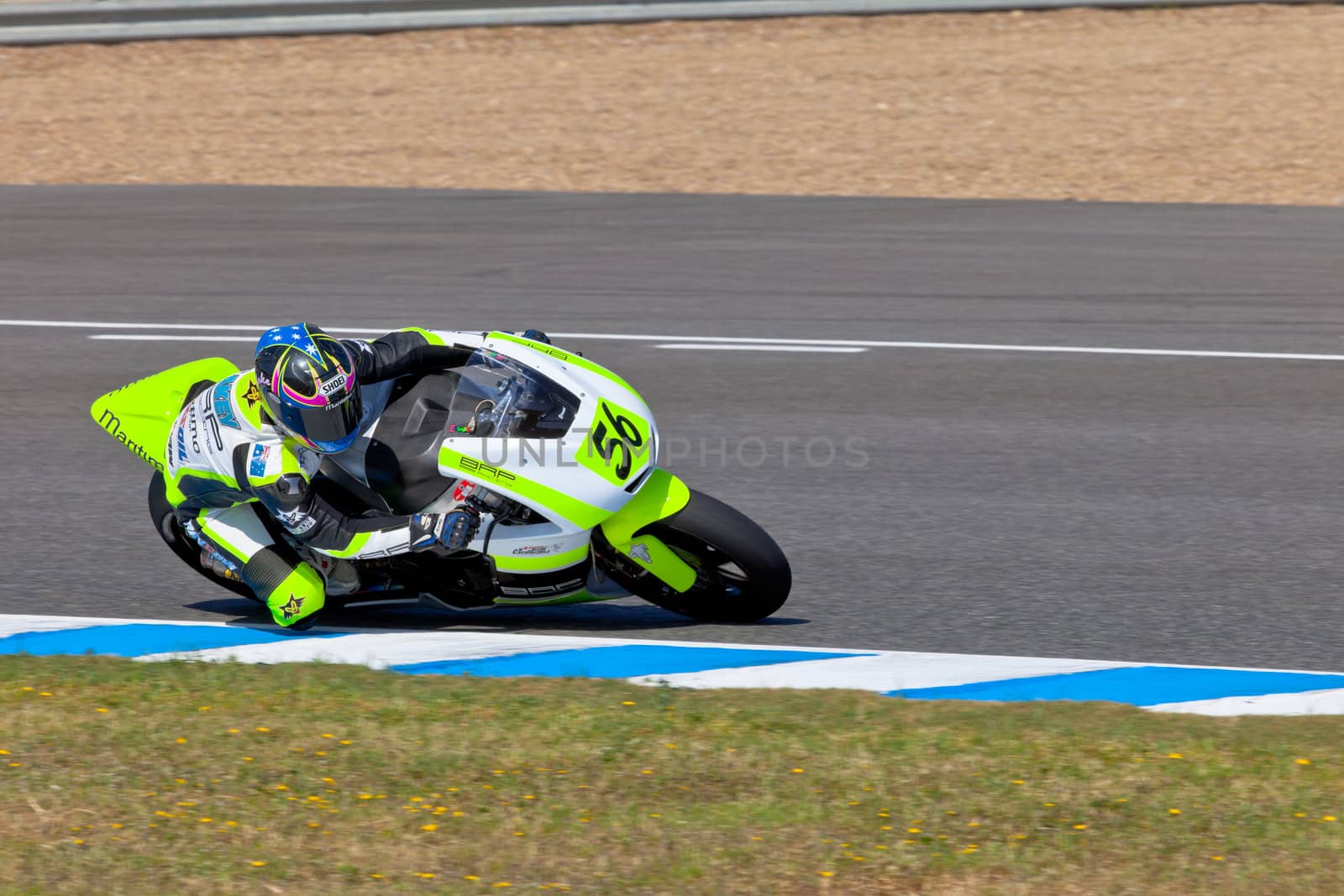 JEREZ DE LA FRONTERA, SPAIN - APR 16: Moto2 motorcyclist Blake Leigh-Smith takes a curve in the CEV Championship race on April 16, 2011 in Jerez de la Frontera, Spain.