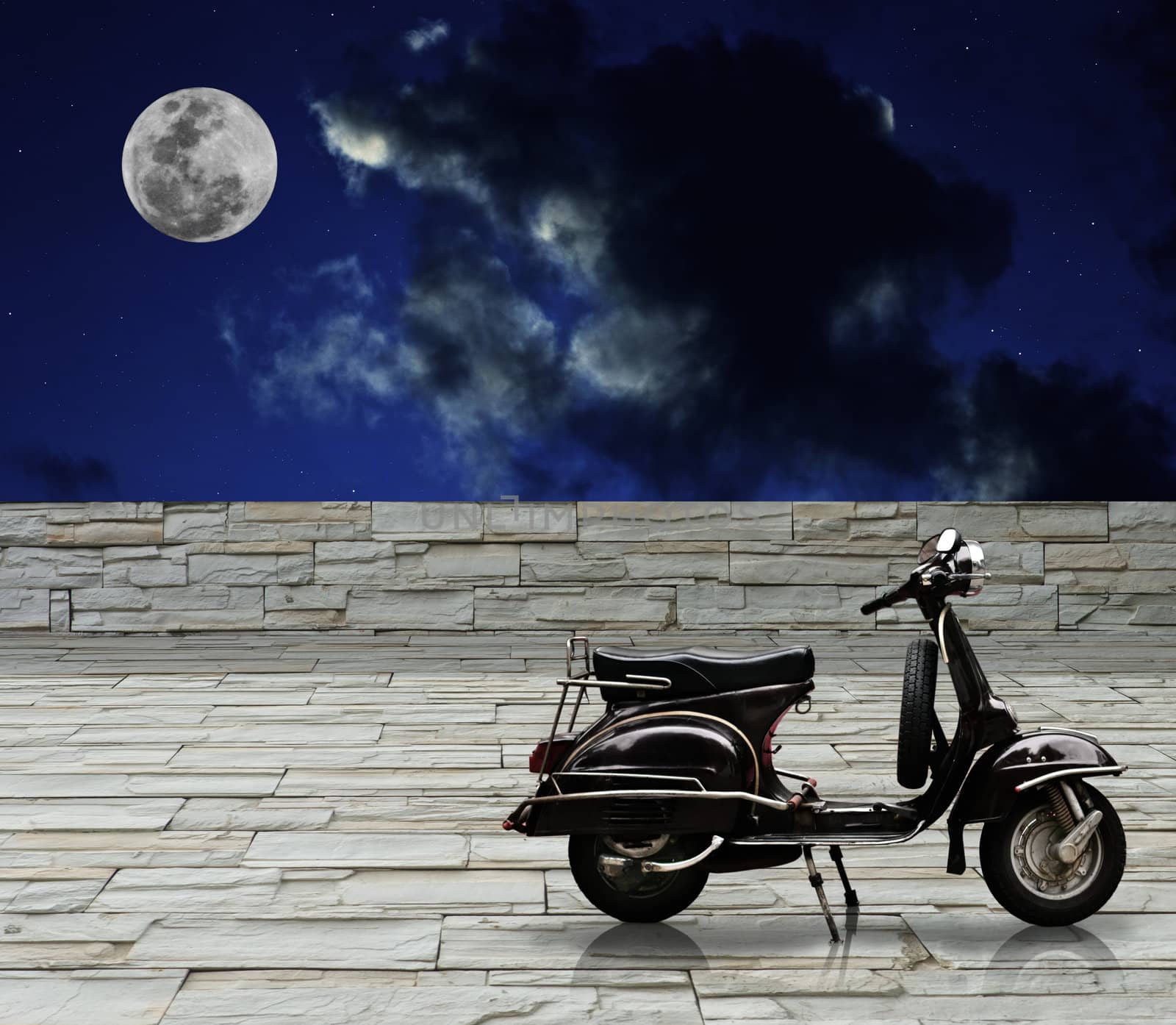 Black scooter parking with full moon by pixbox77