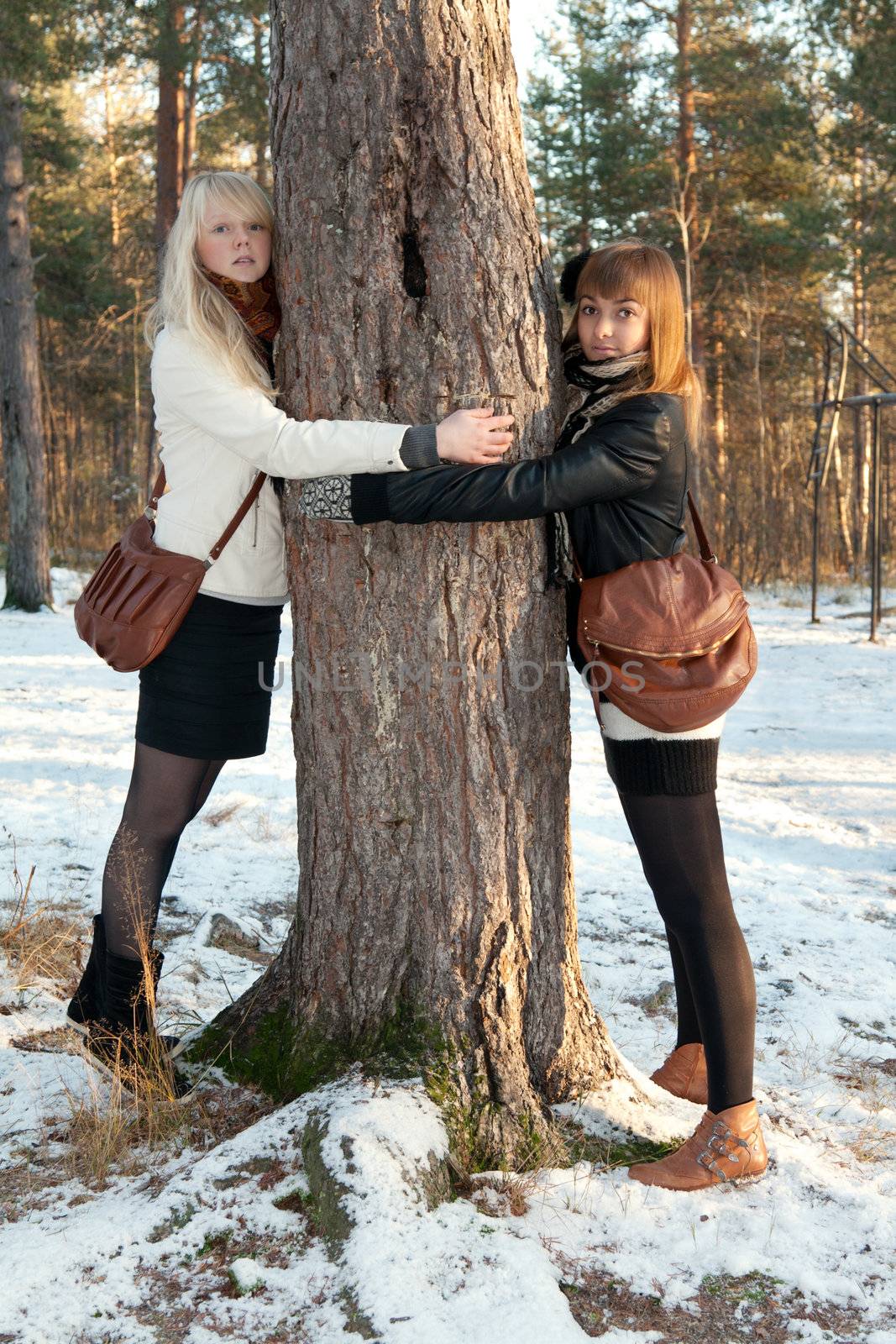Two beautiful young girls embrace tree in wood