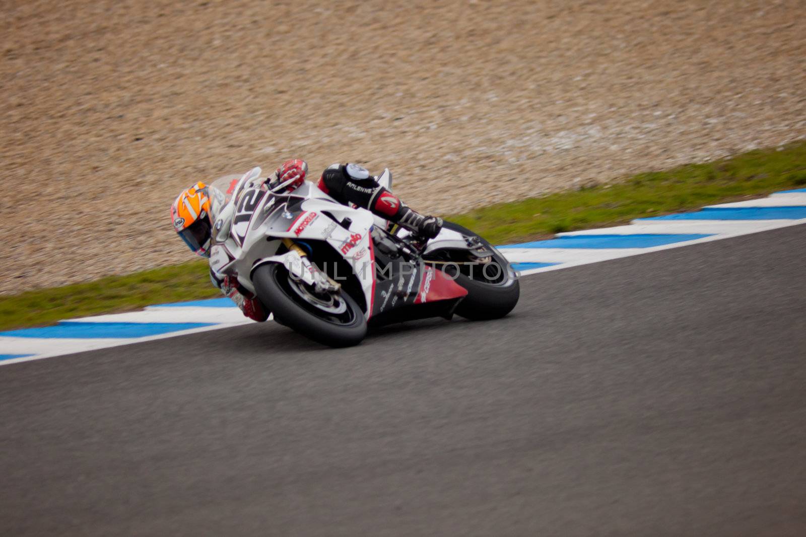 JEREZ DE LA FRONTERA, SPAIN - NOV 20: Stock Extreme motorcyclist Javier Fores takes a curve in the CEV championship on Nov 20, 2010, in Jerez de la Frontera, Spain