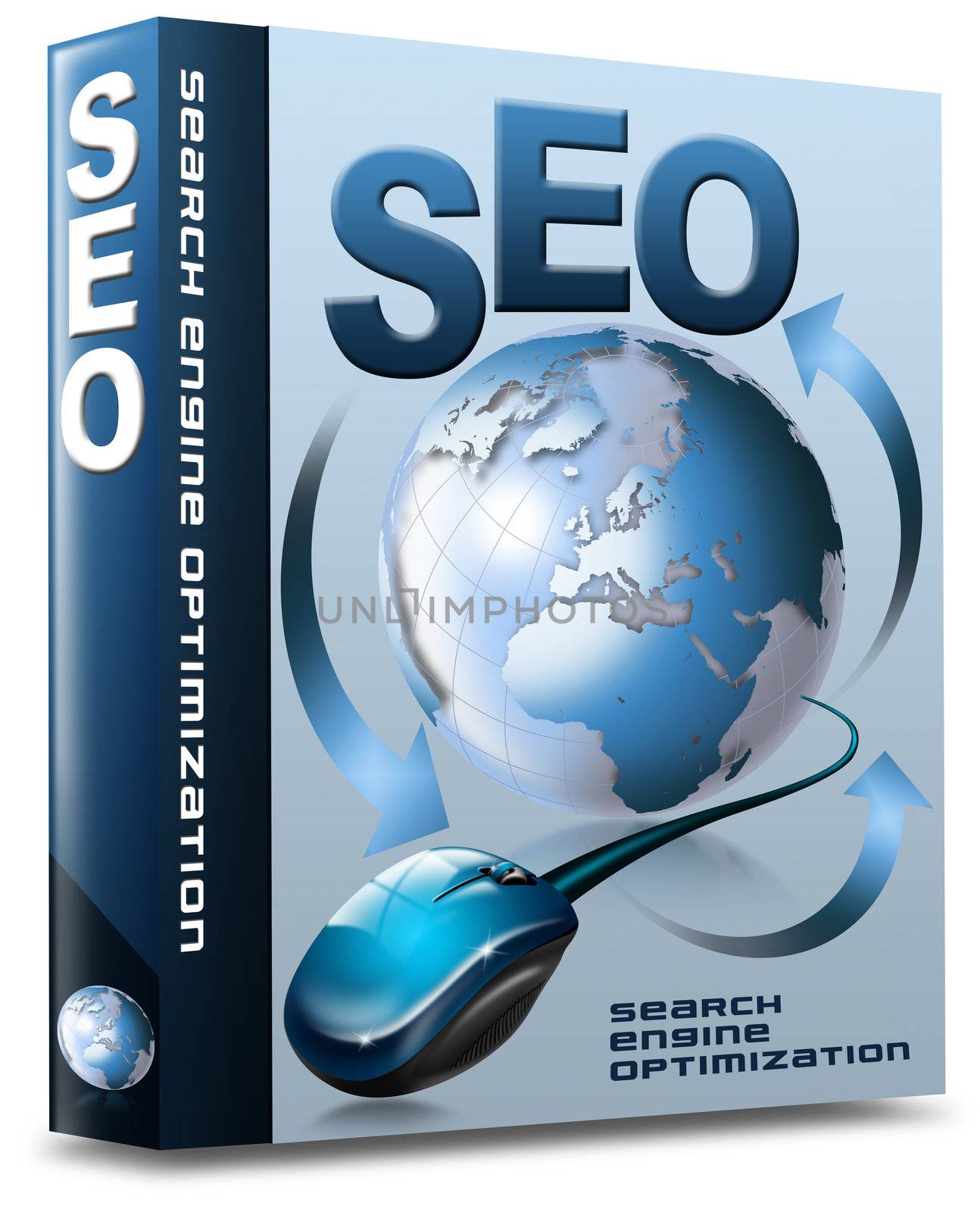Box with globe, mouse and written SEO