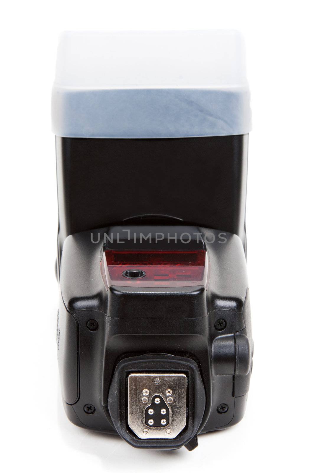 Photo flash in black plastic body on white background