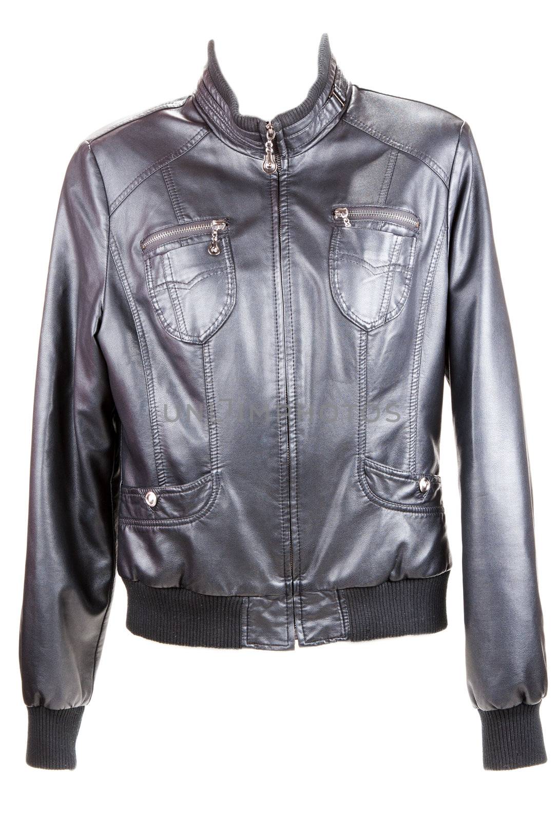 Black leather jacket insulated on white background
