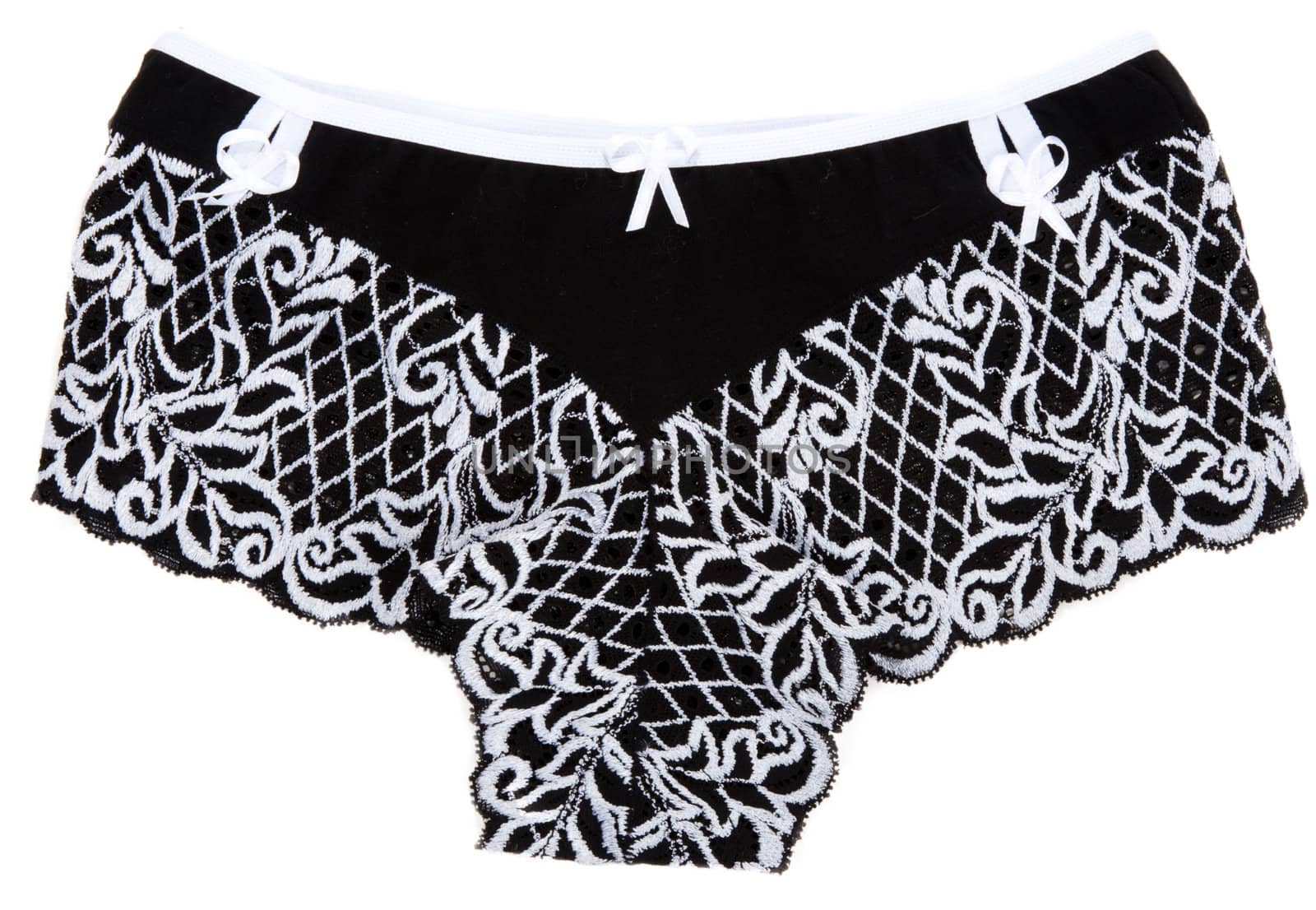Black feminine undershorts with pattern on white background