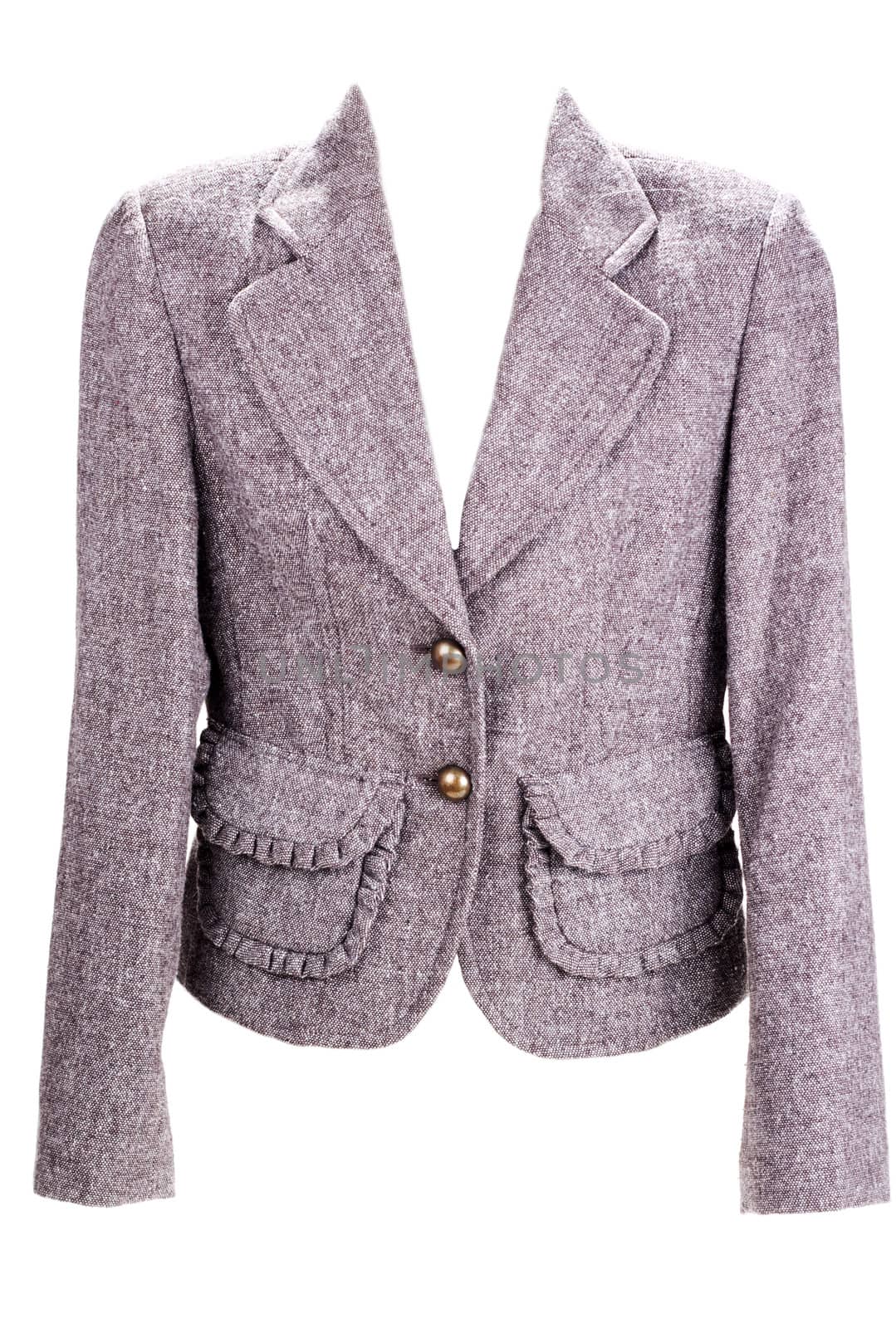 Brown feminine coat with button and pocket on white background