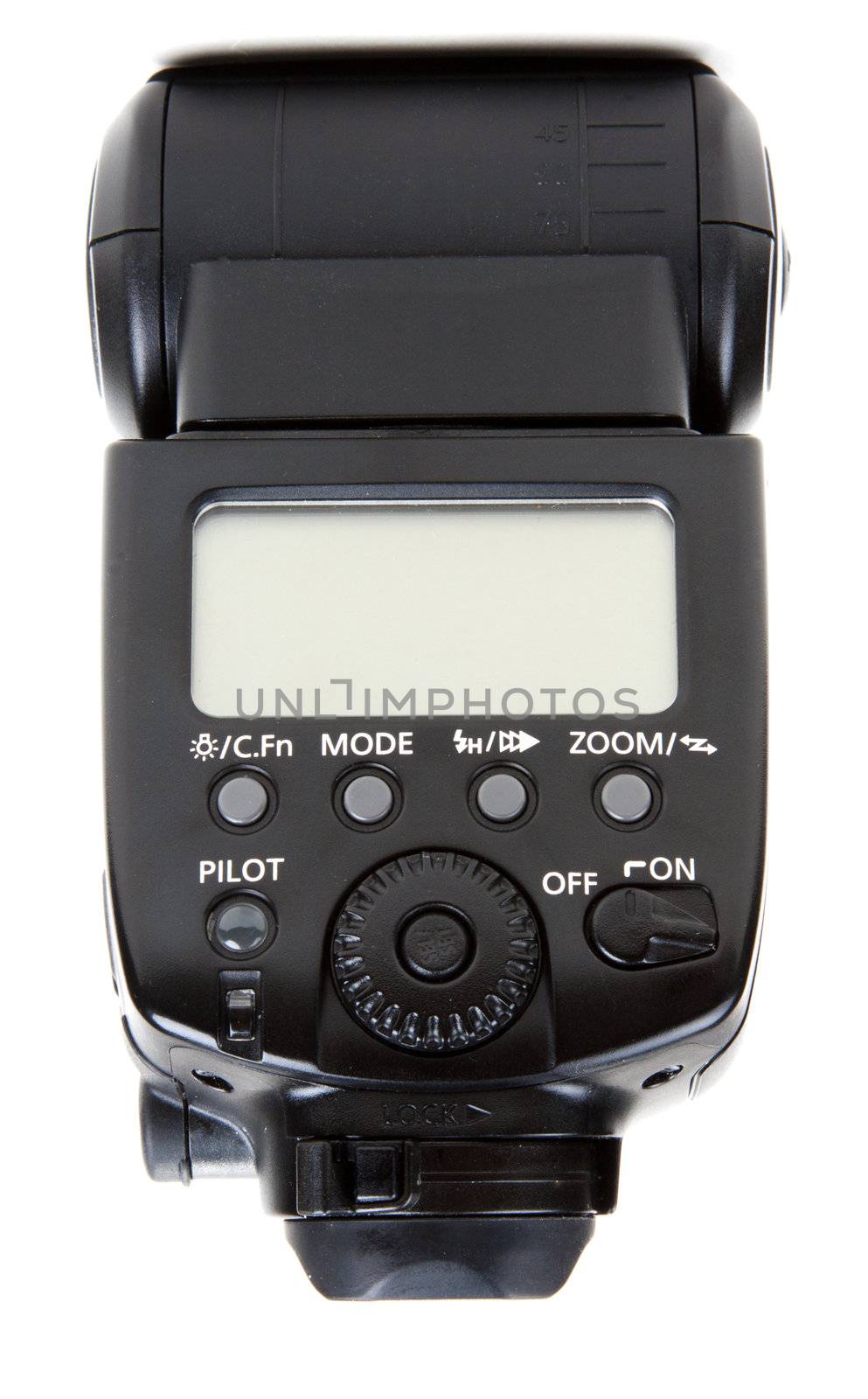 Photo flash in black plastic body on white background