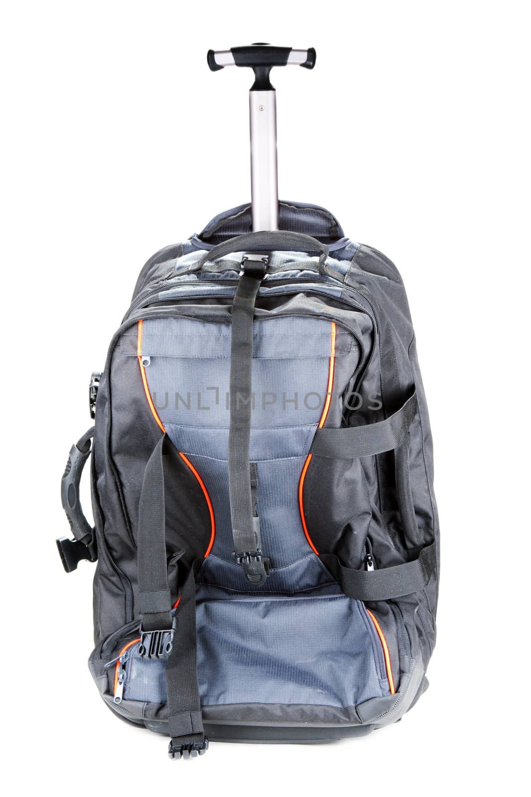 Blue valise with red insertion insulated on white background