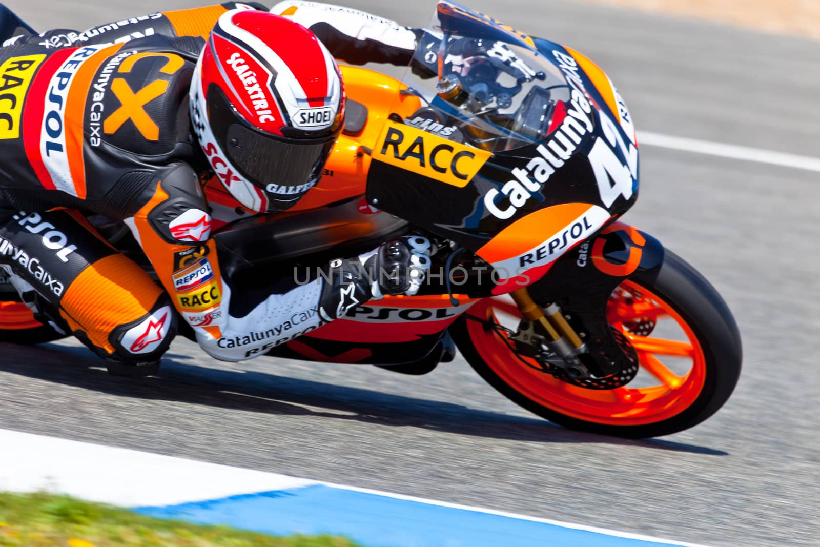 JEREZ DE LA FRONTERA, SPAIN - APR 17: 125cc motorcyclist Alex Rins takes a curve in the CEV Championship race on April 17, 2011 in Jerez de la Frontera, Spain.