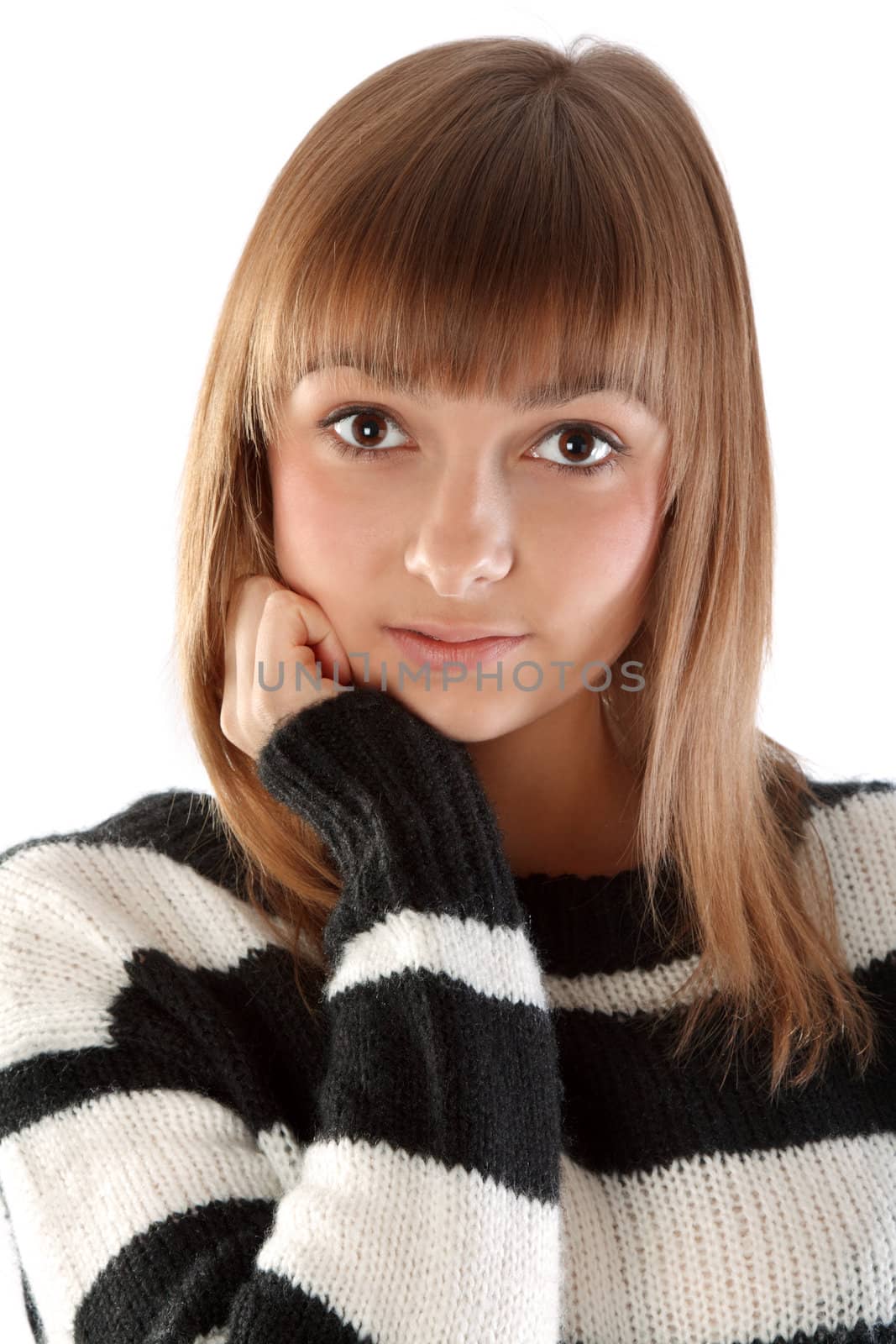 Portrait of the young beautiful brunette insulated on white background