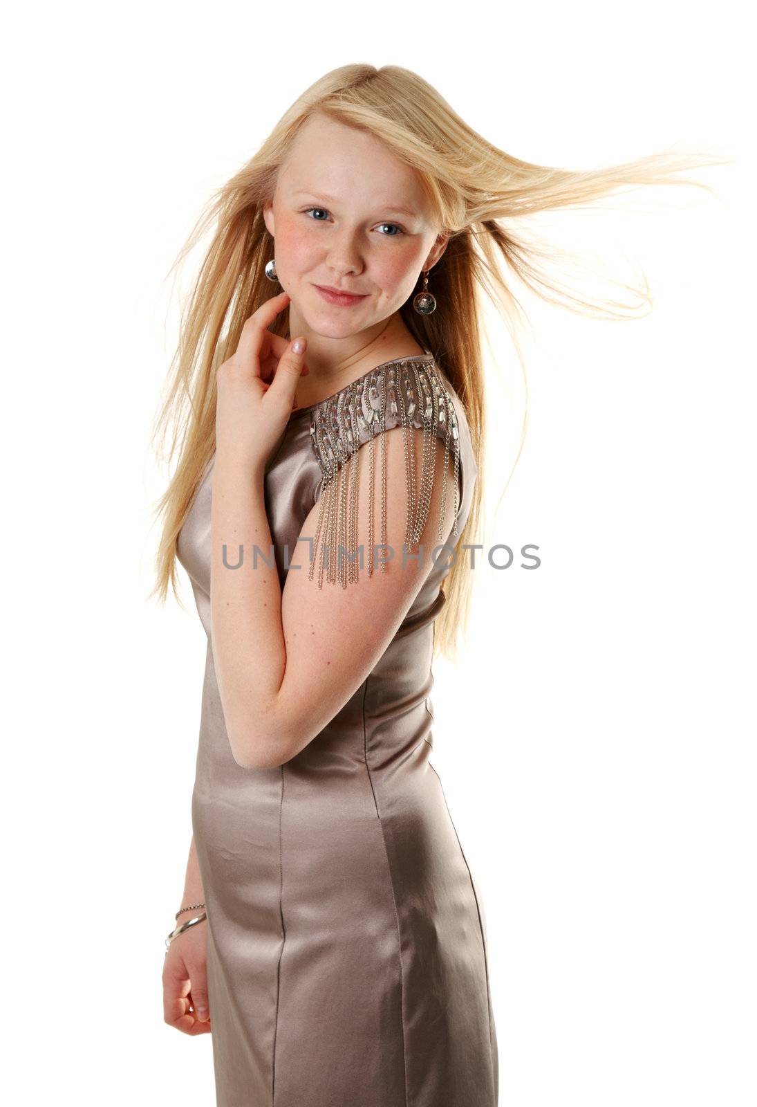Beautiful girl in satin gown on white background