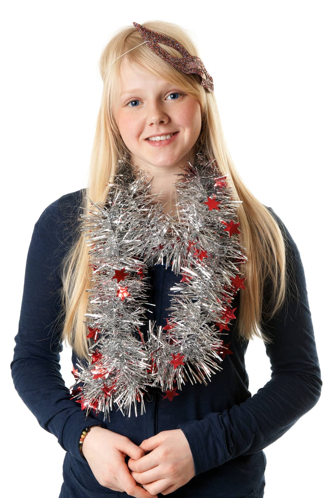 A beautiful young girl in the Christmas tinsel on a white background