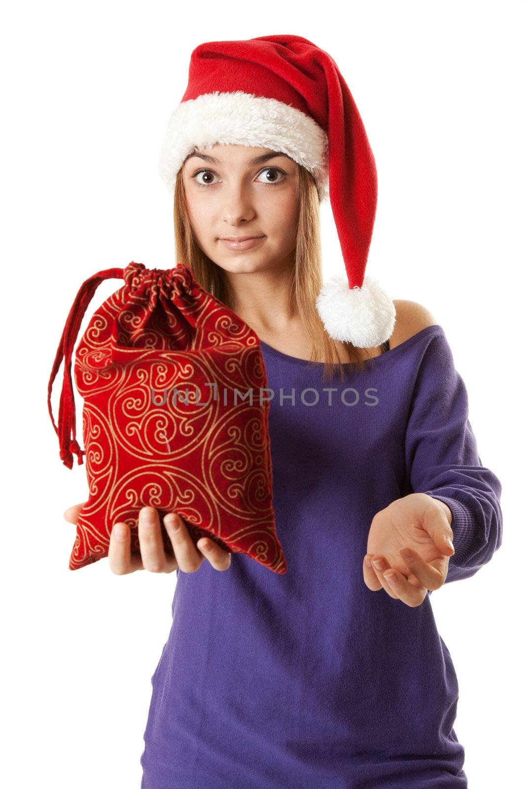 Beautiful girl in red Santa hat on a white background