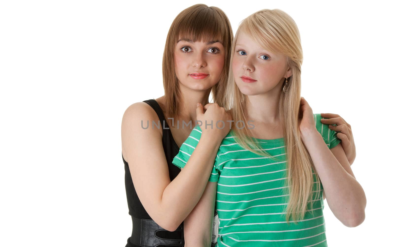 Portrait of two friends on a white background