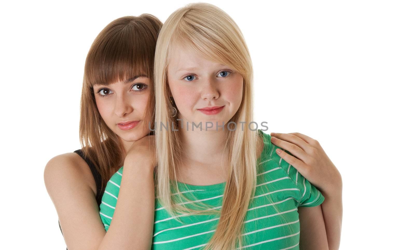 Portrait of two friends on a white background