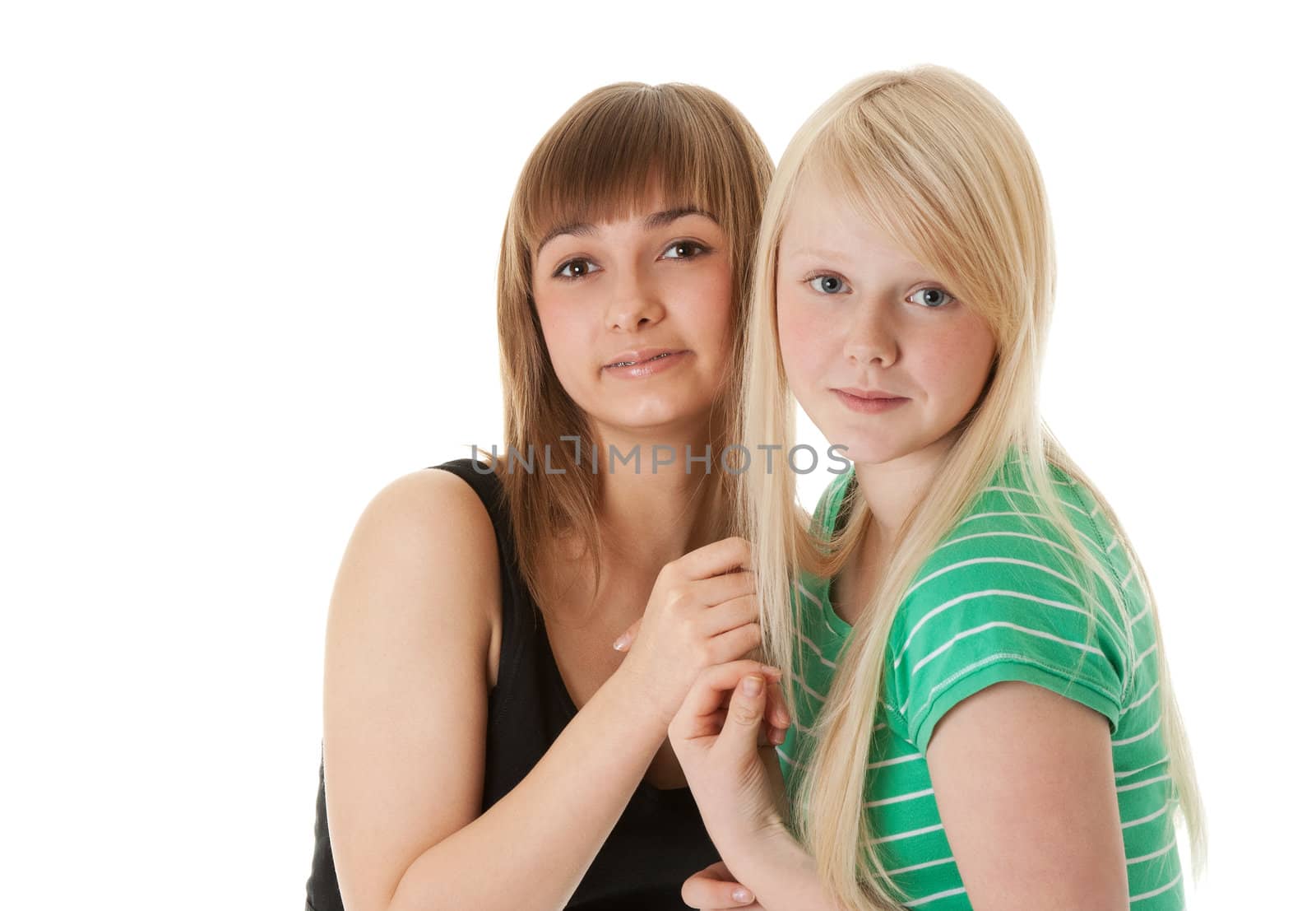 Portrait of two friends on a white background
