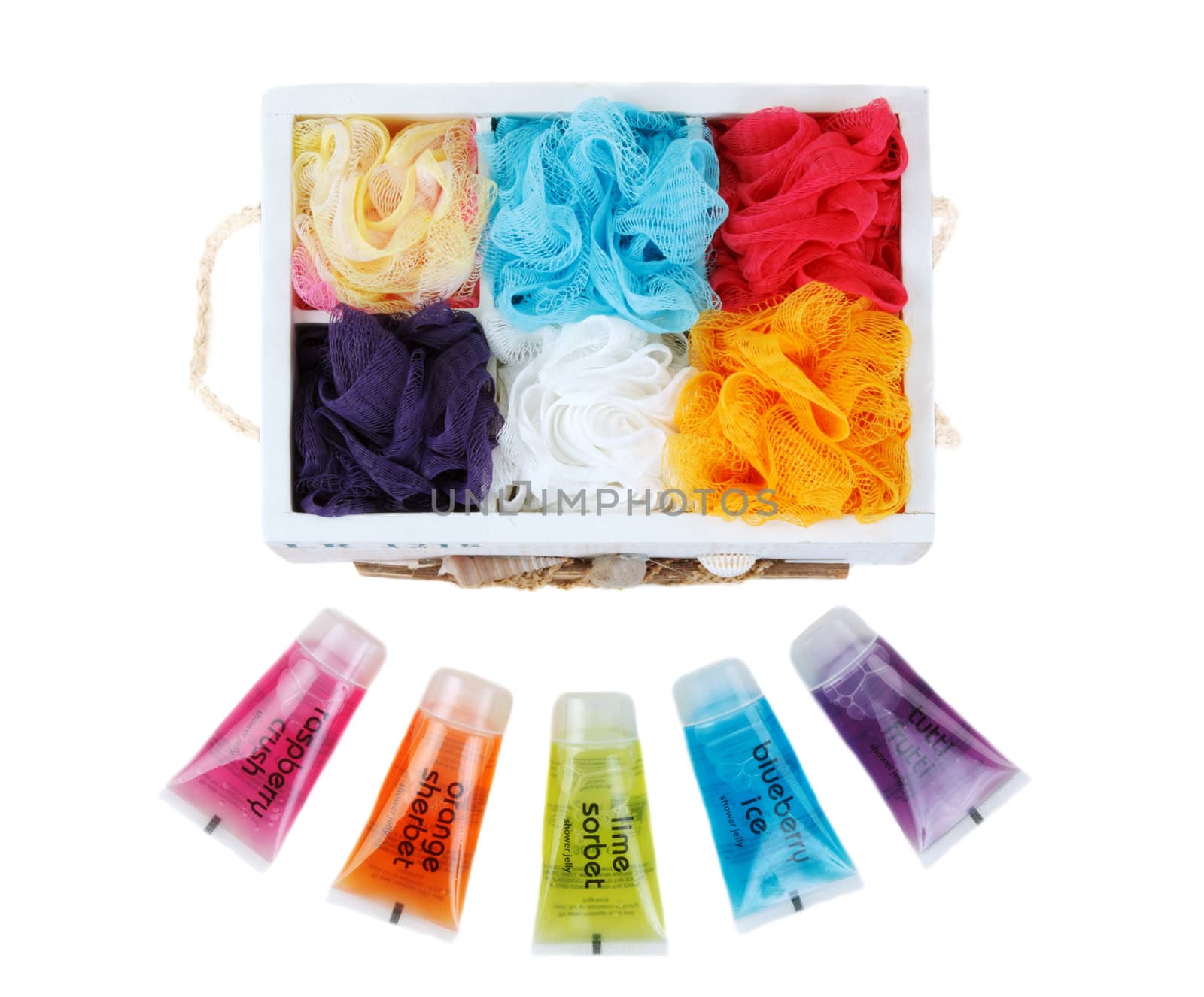 Set for bath colour sponges and vials with helium for soul in wooden box