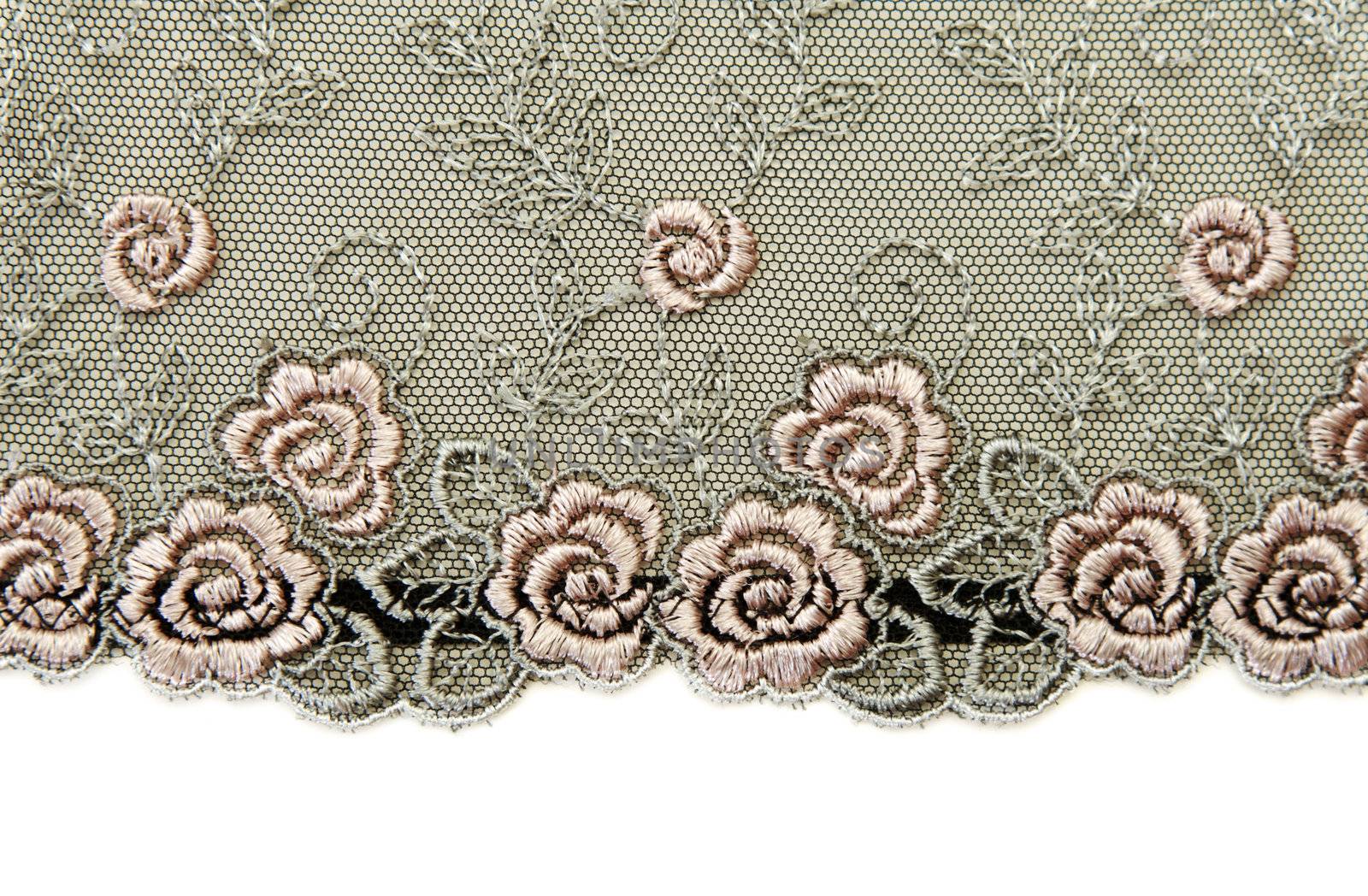Black lace with pattern rose flowerses on white background
