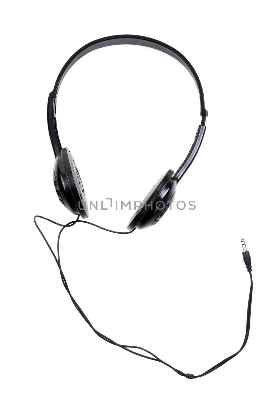 Black earphones with wire and jackplug on white background