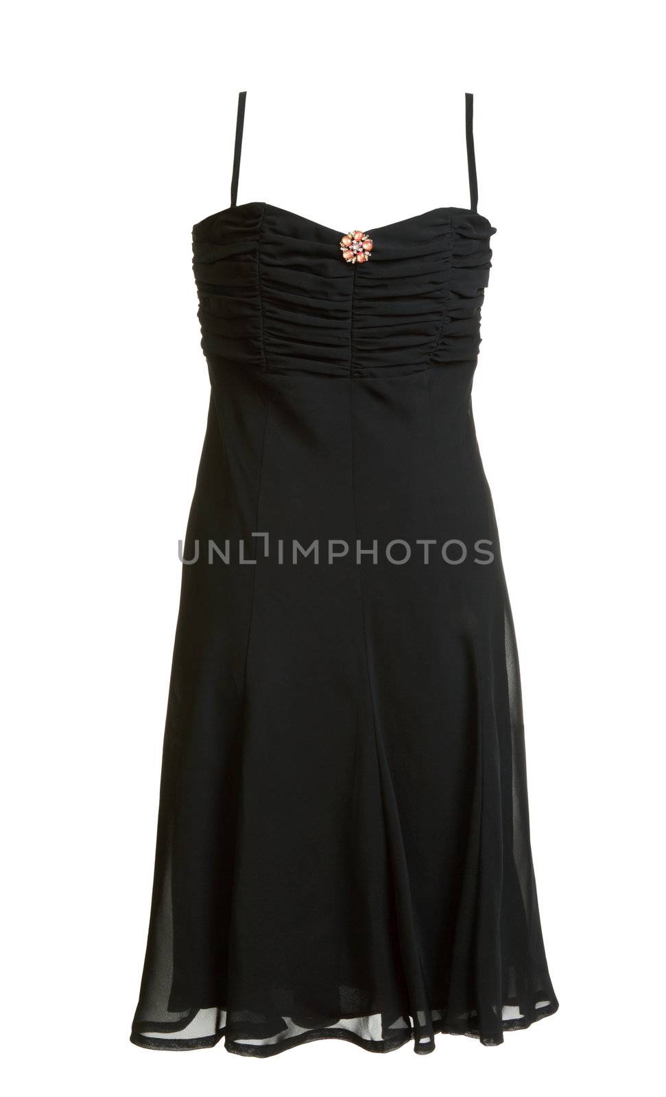 Black evening satin gown with brooch on white background