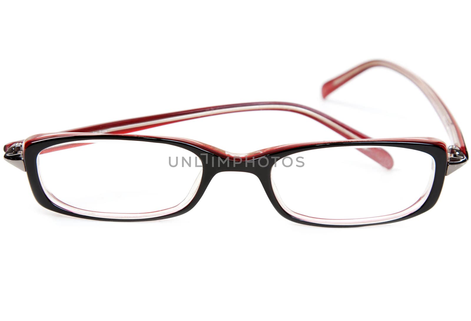 Stylish red glasses on a white background