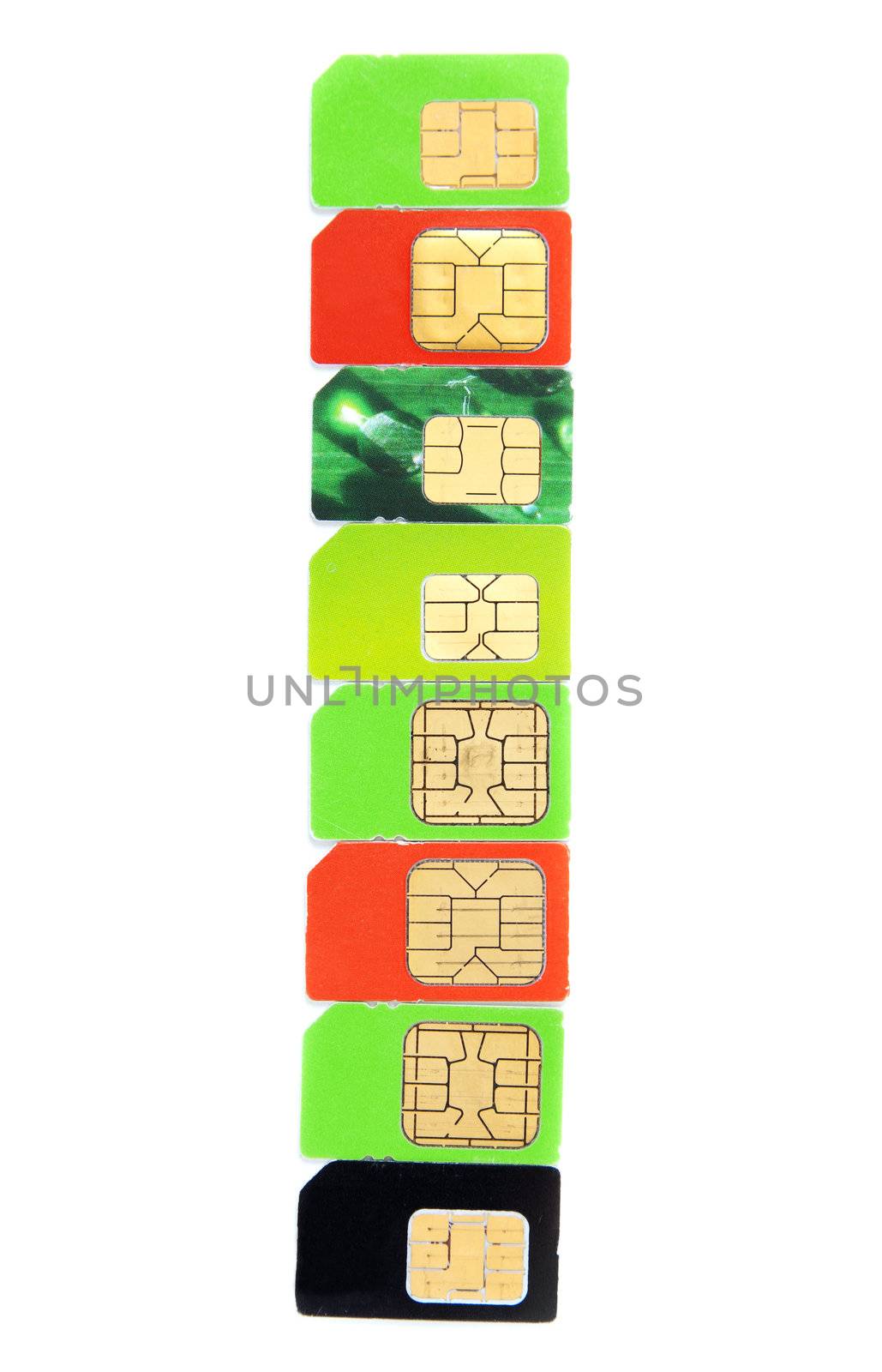 Eight colorful sim card on a white background