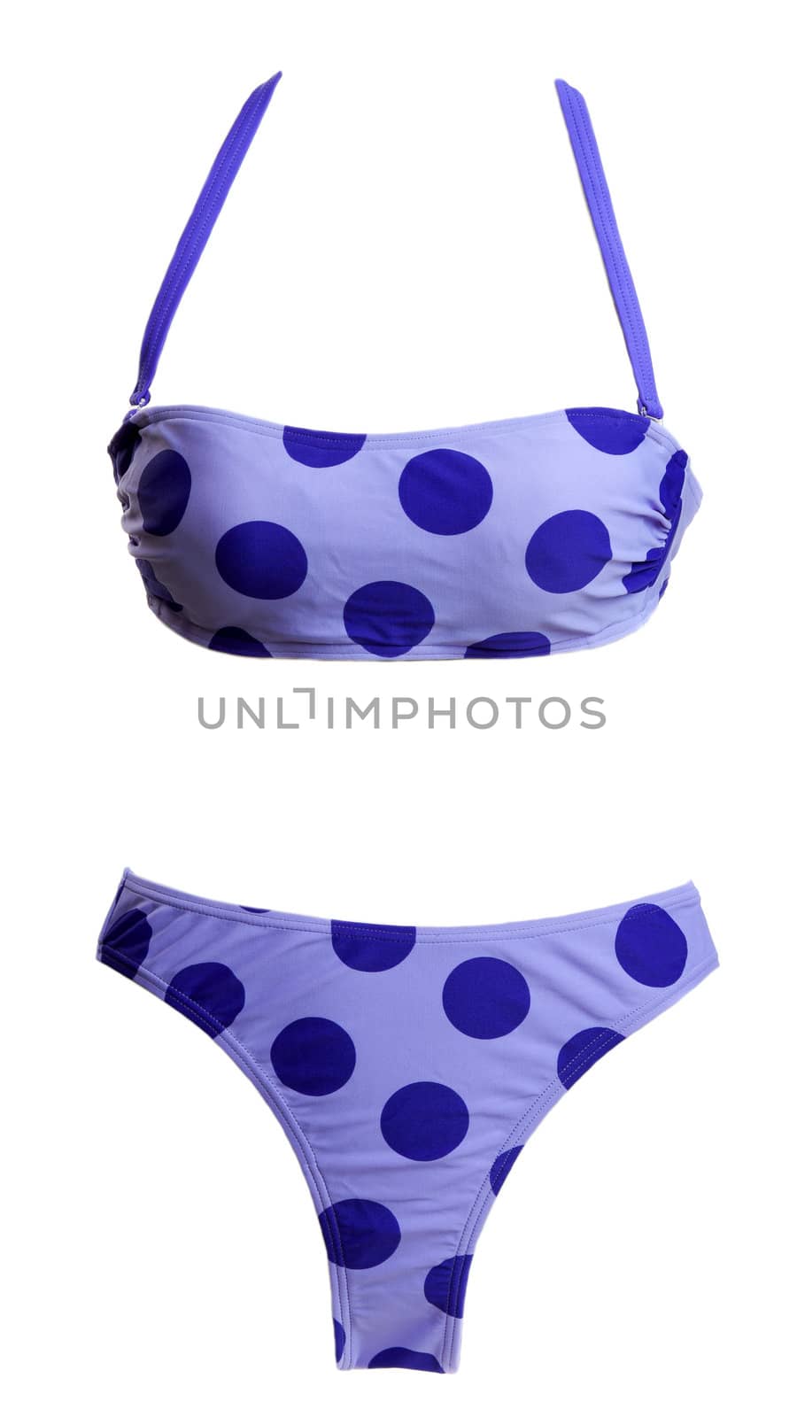 Blue swimsuit with a circular pattern on a white background