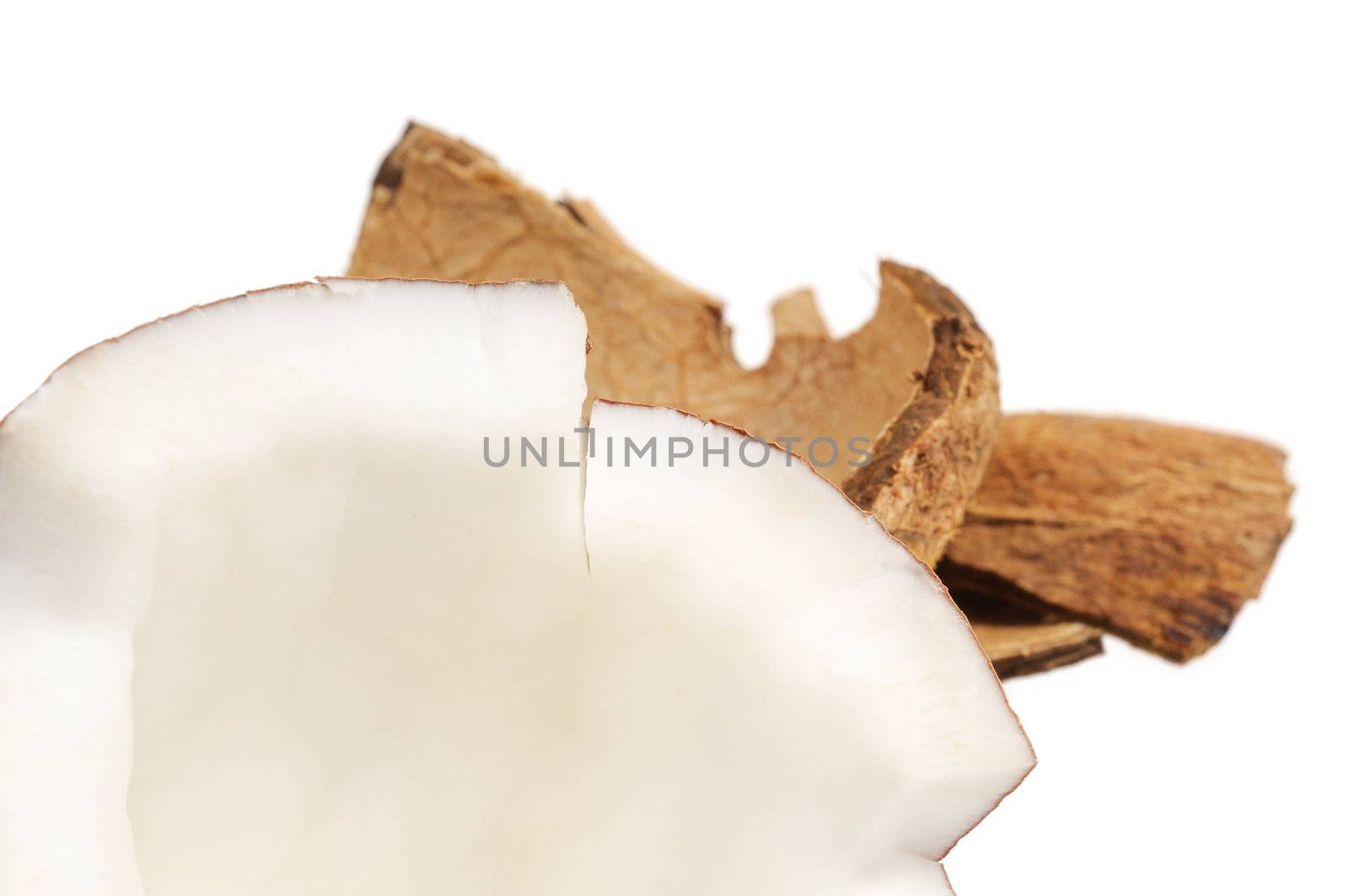 Fresh coconut and coconut shells. Isolated on white.