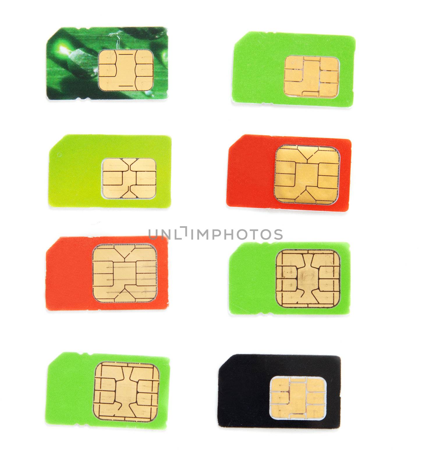 Eight colorful sim card on a white background