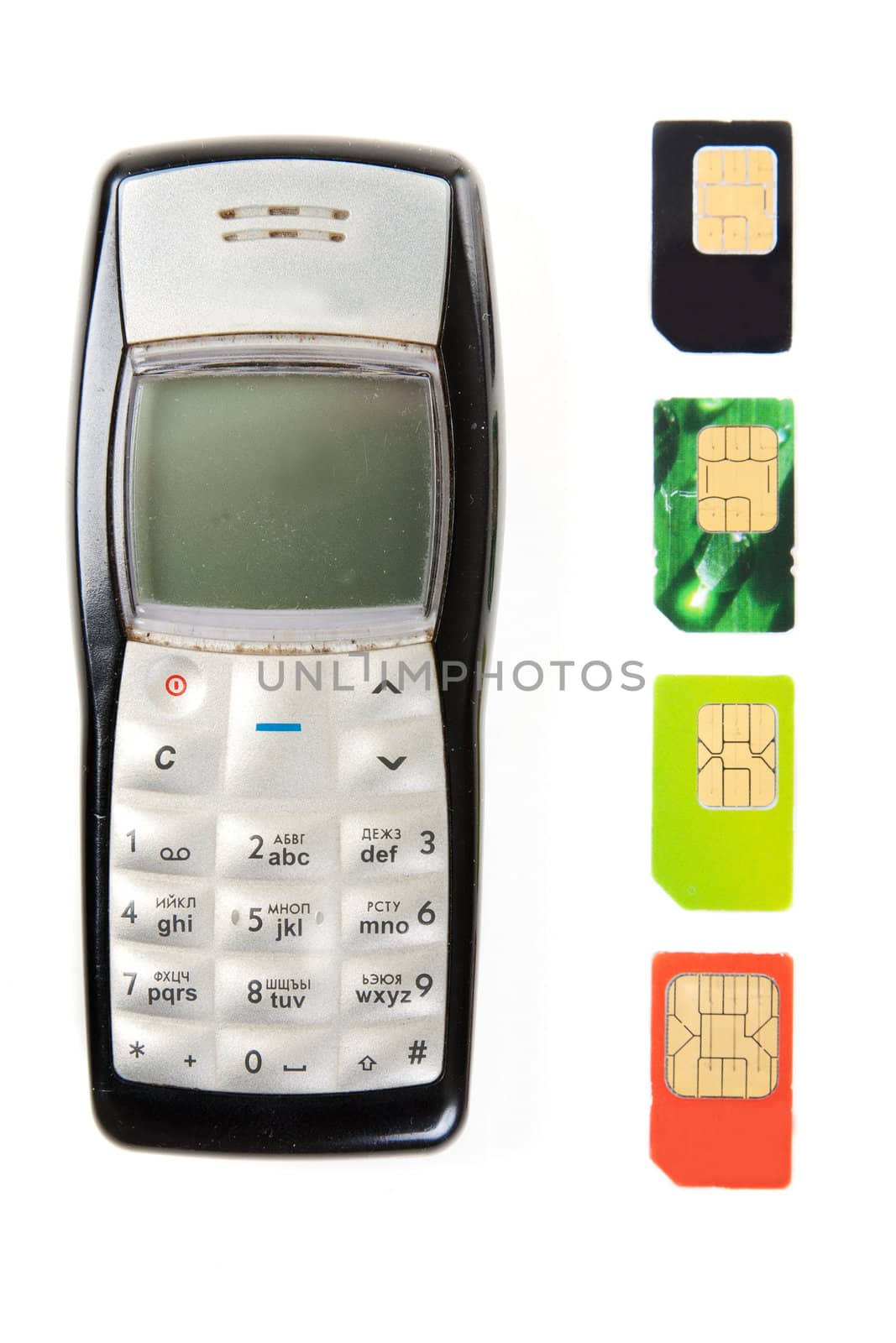 Old mobile phones and four SIM cards