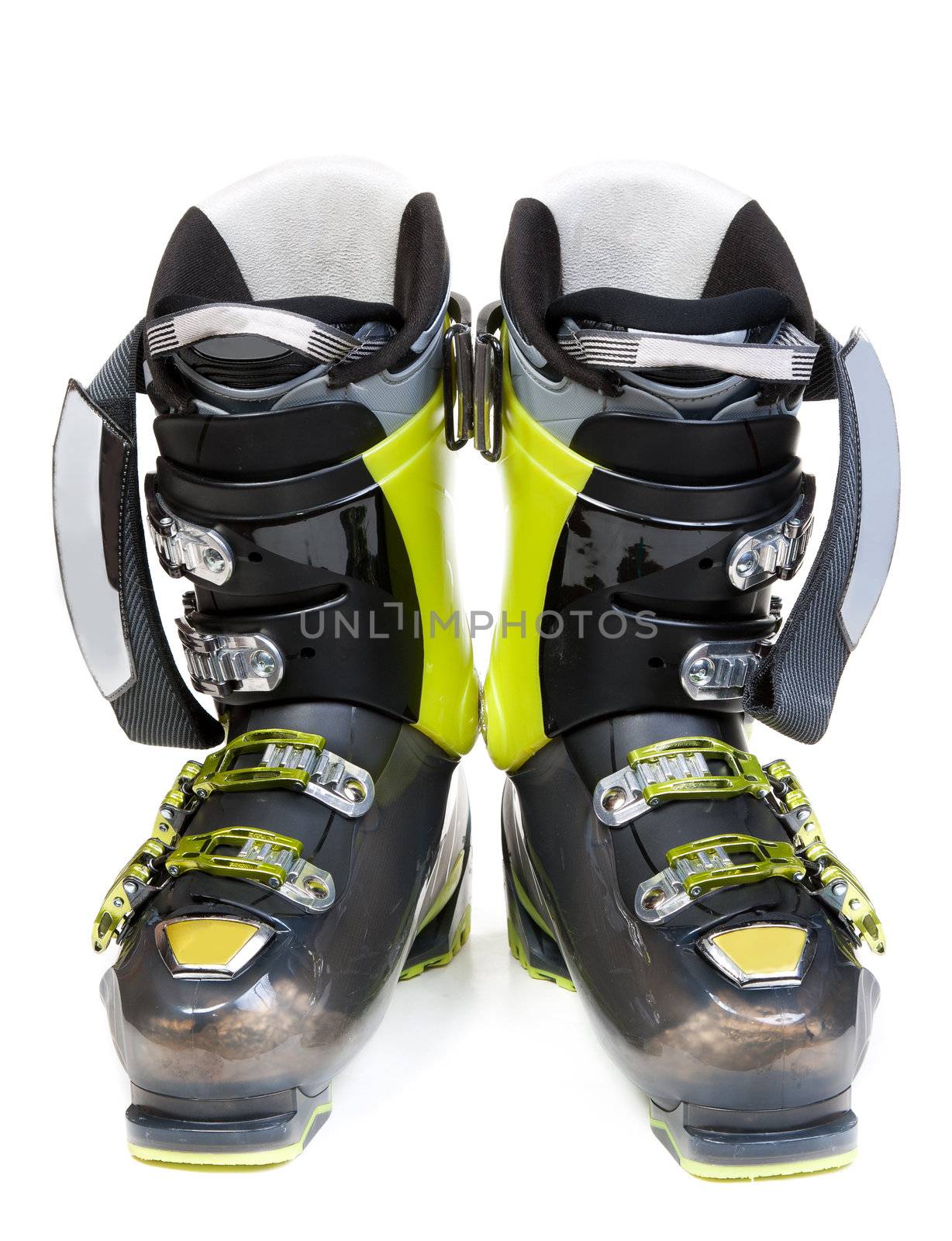 Pair green-dark ski shoe insulated on white background