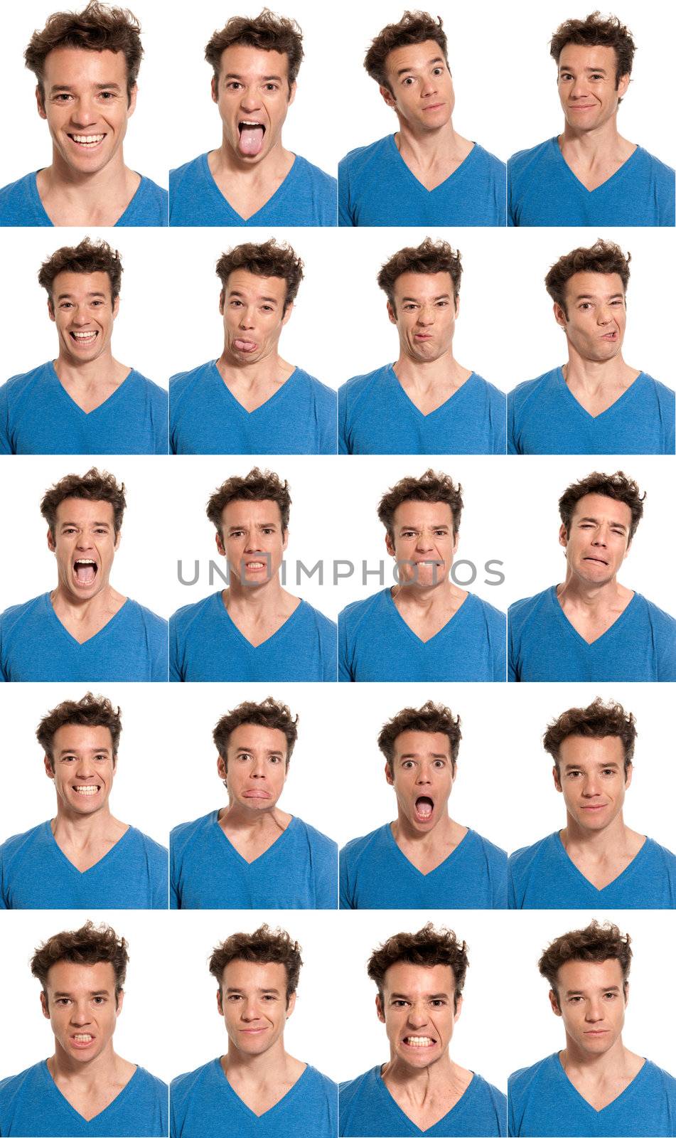 young man face expressions composite isolated on white background.
