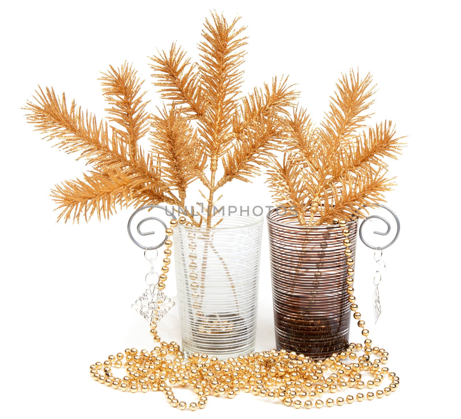Christmas still life, two cups and golden branches