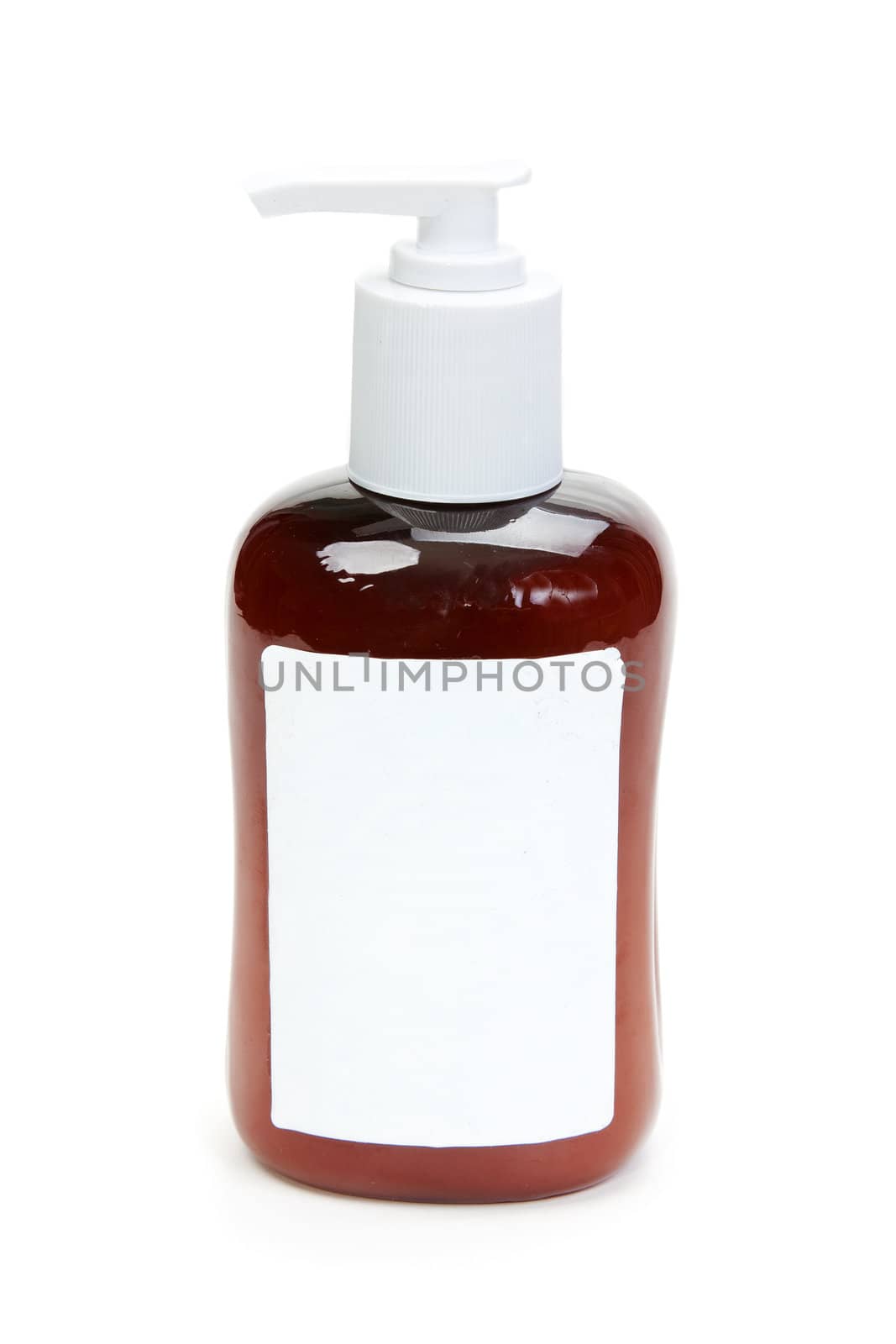 Brown bottle of gel with a blank label on white background