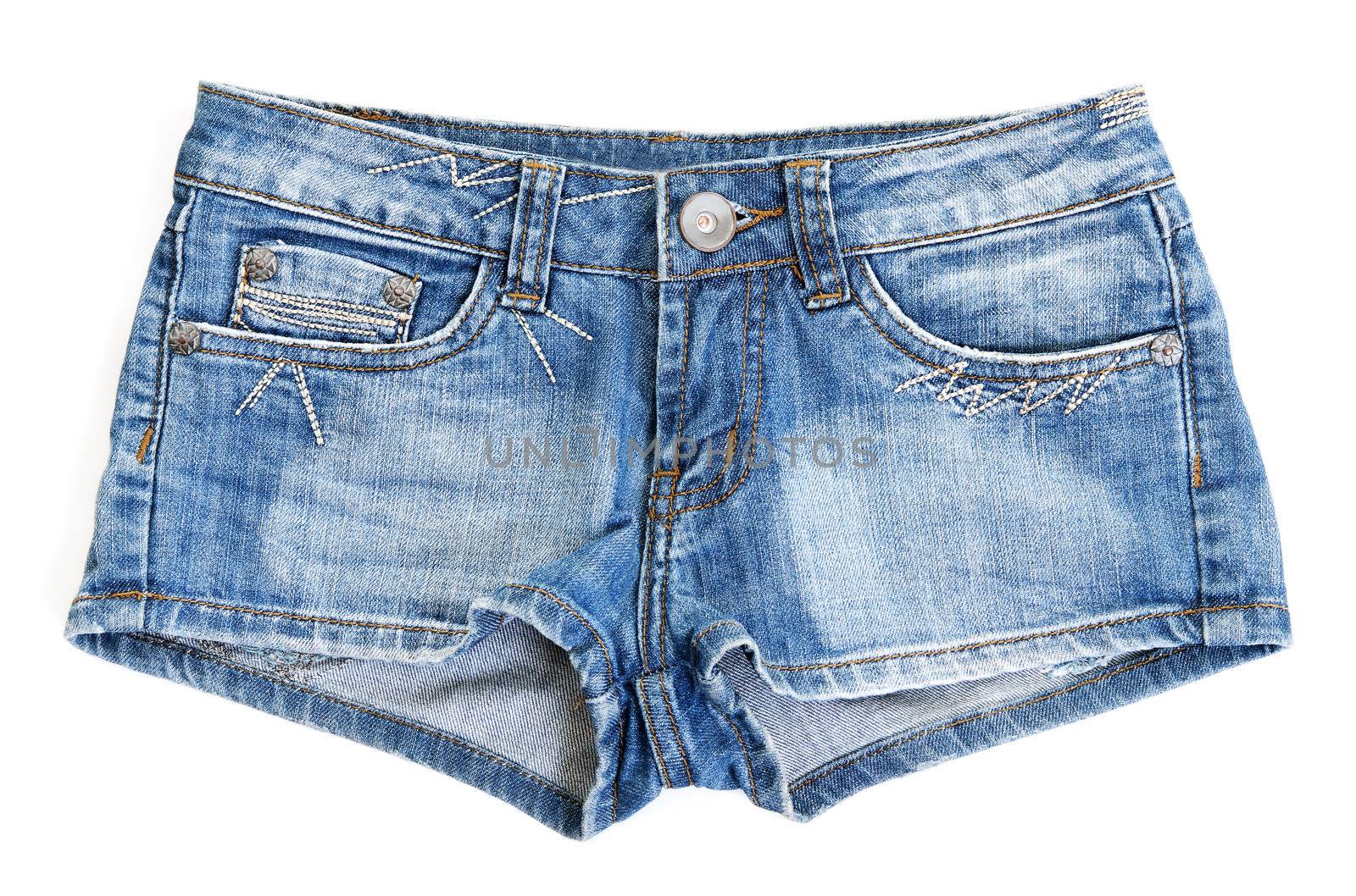 Blue jean shorts with a white background