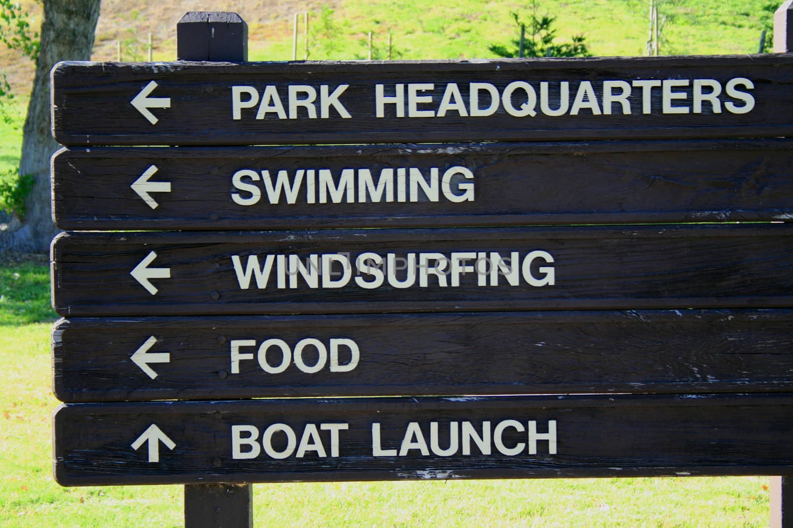 Park directions board close up on a sunny day.
