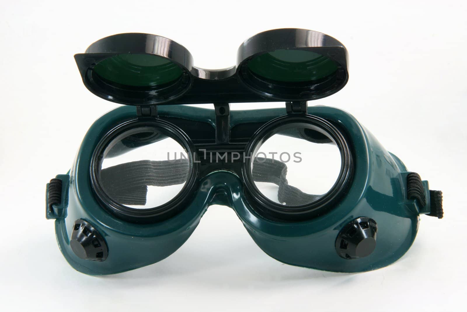 green plastic working protection mask in white background construction concepts