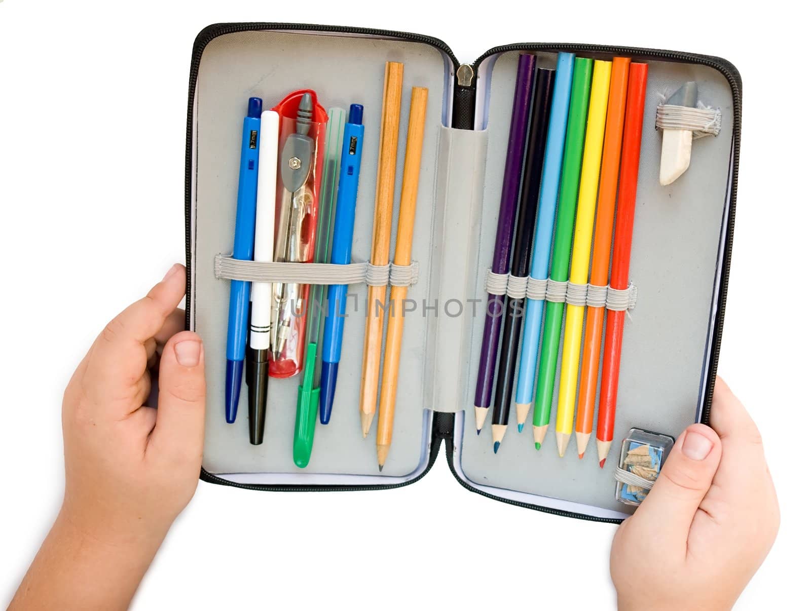 School case with pencils, pens and compasses