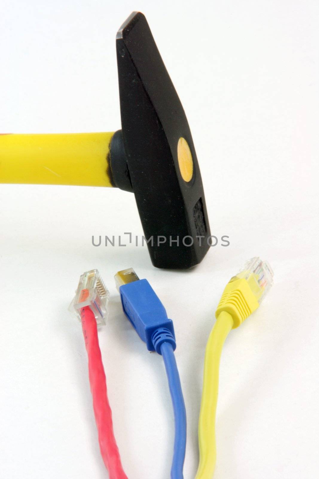 contruction concepts hammer with ethernet and usb cable site under construction in white background
