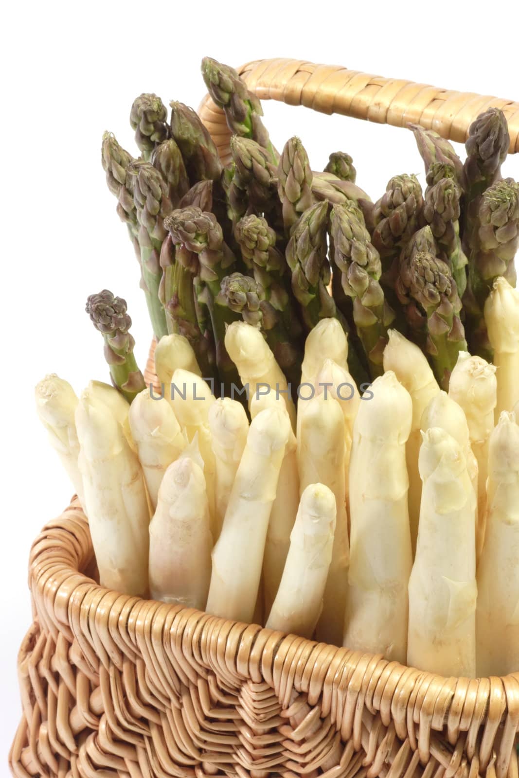 Basket with white and green asparagus - isolated on white background