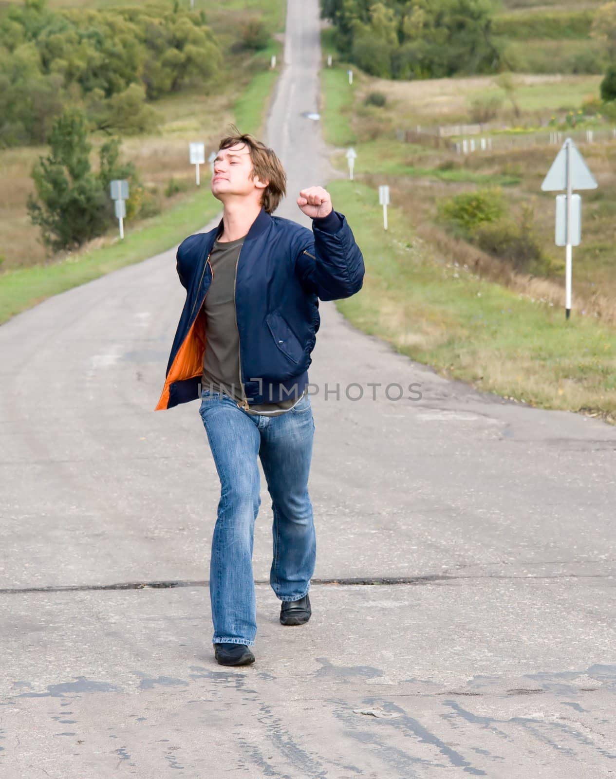 Happy gait. The cool dude going on road.